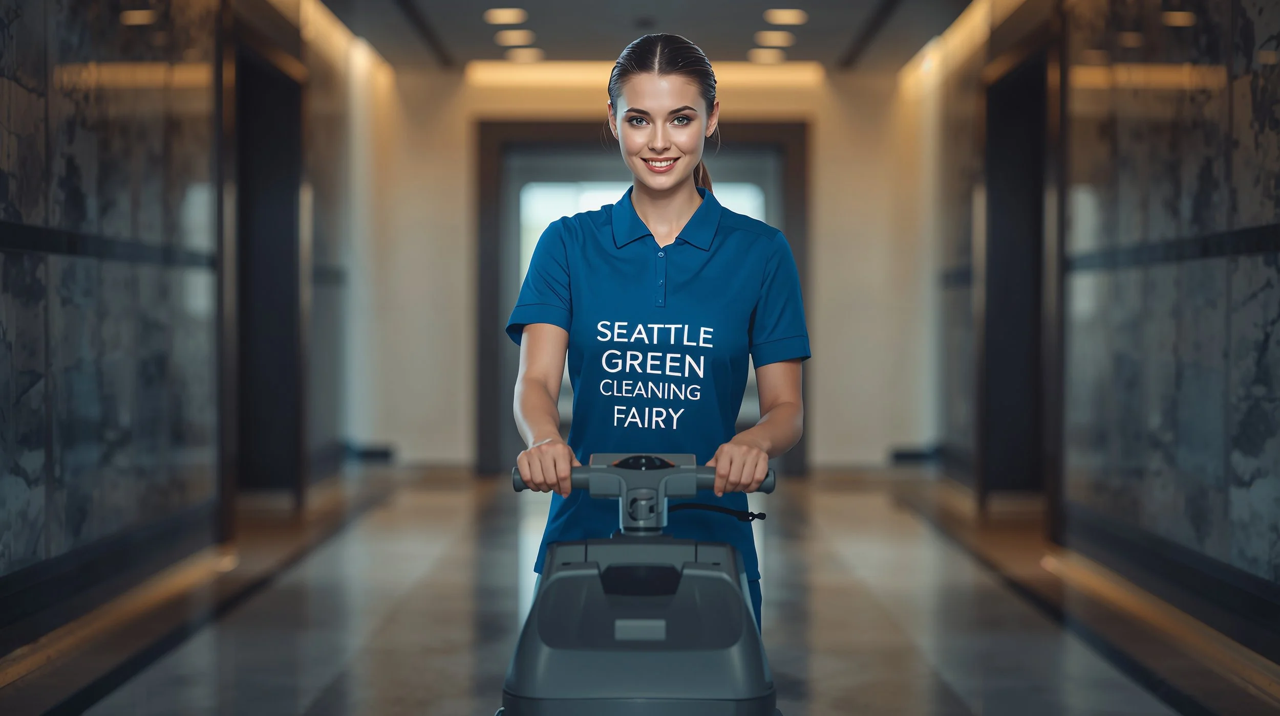 Professional facility cleaner polishing corporate lobby floor in Seattle