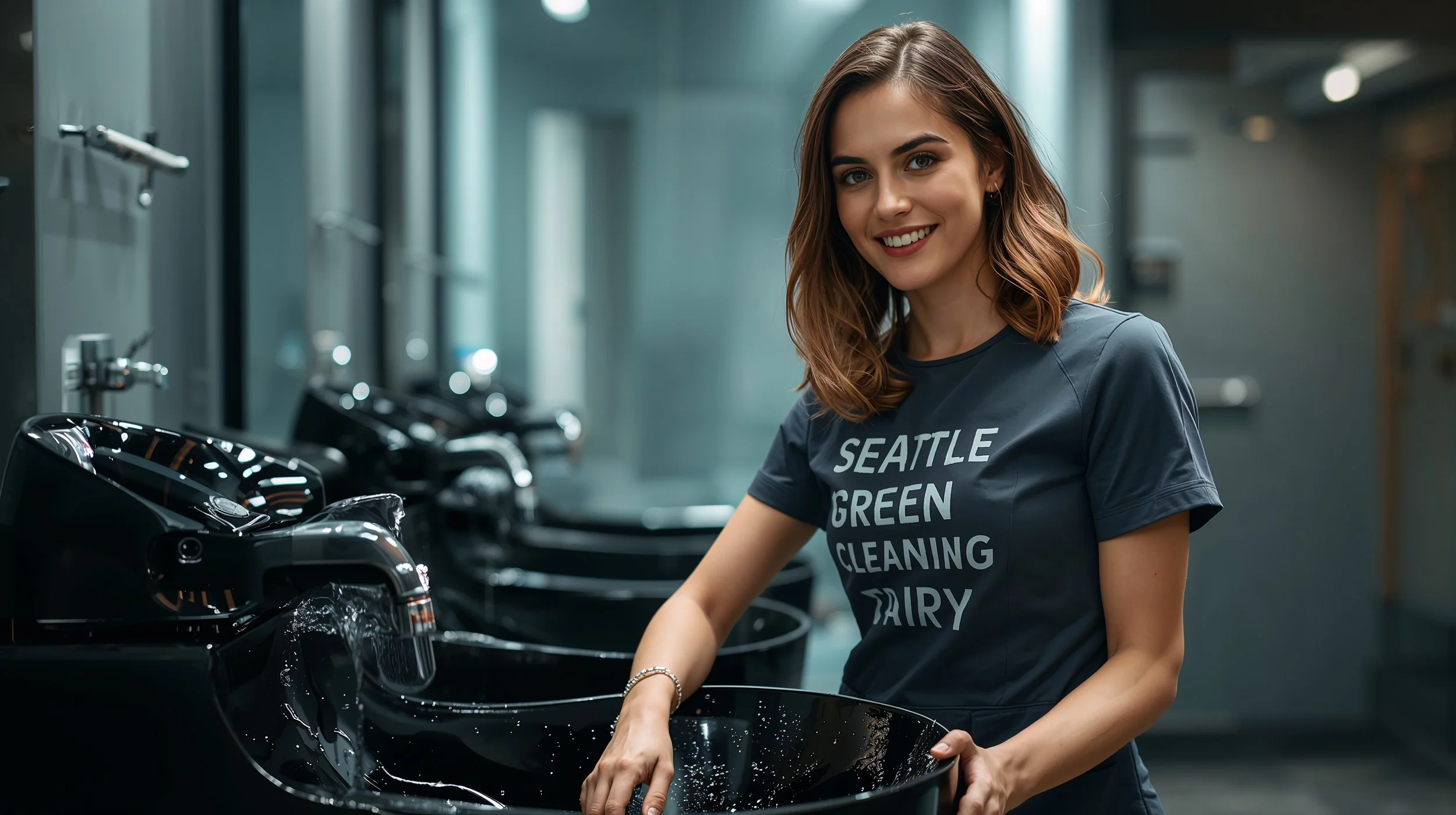 Young cleaner scrubbing luxury shampoo station in Seattle salon