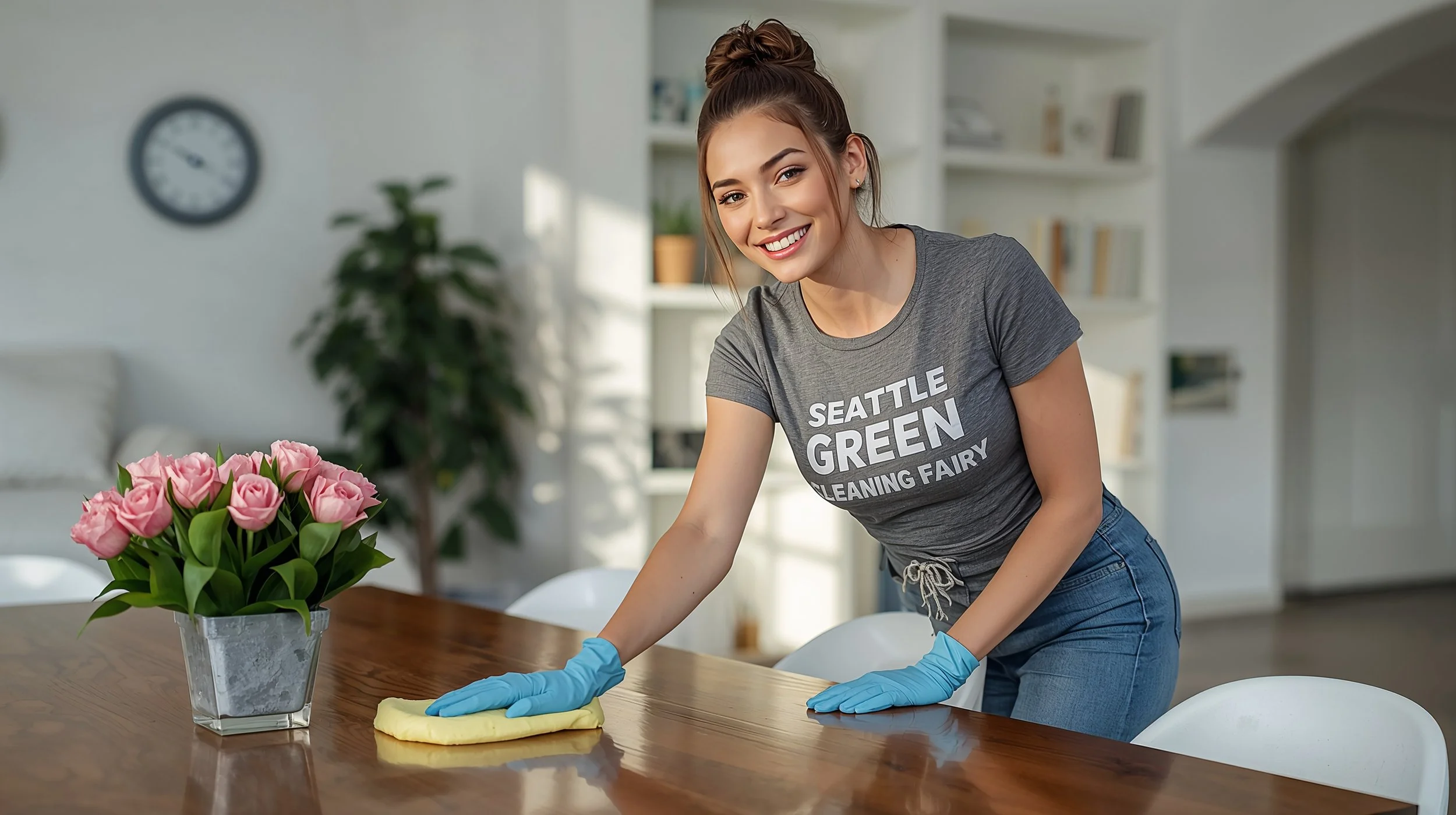 Enthusiastic Irish cleaner in fitted gray outfit polishing table in pristine Denny-Blaine Seattle living room