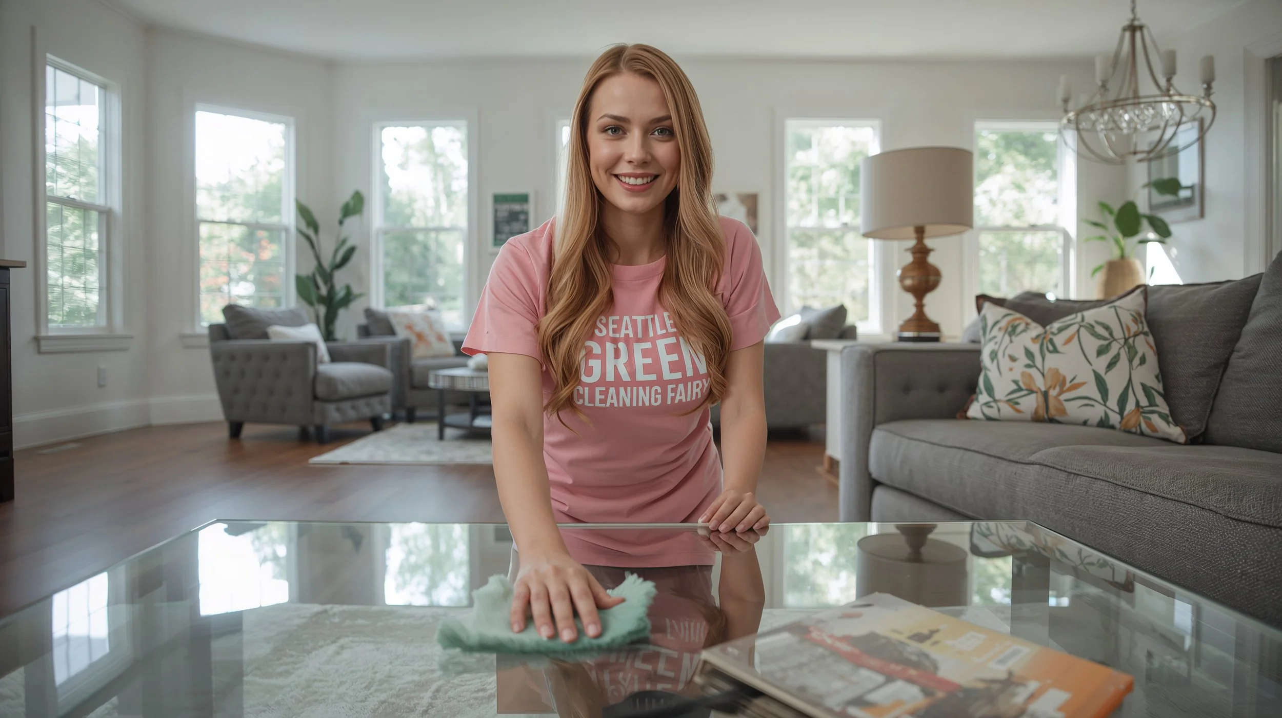 Smiling cleaner wiping glass coffee table in a freshly cleaned Bellevue family room.