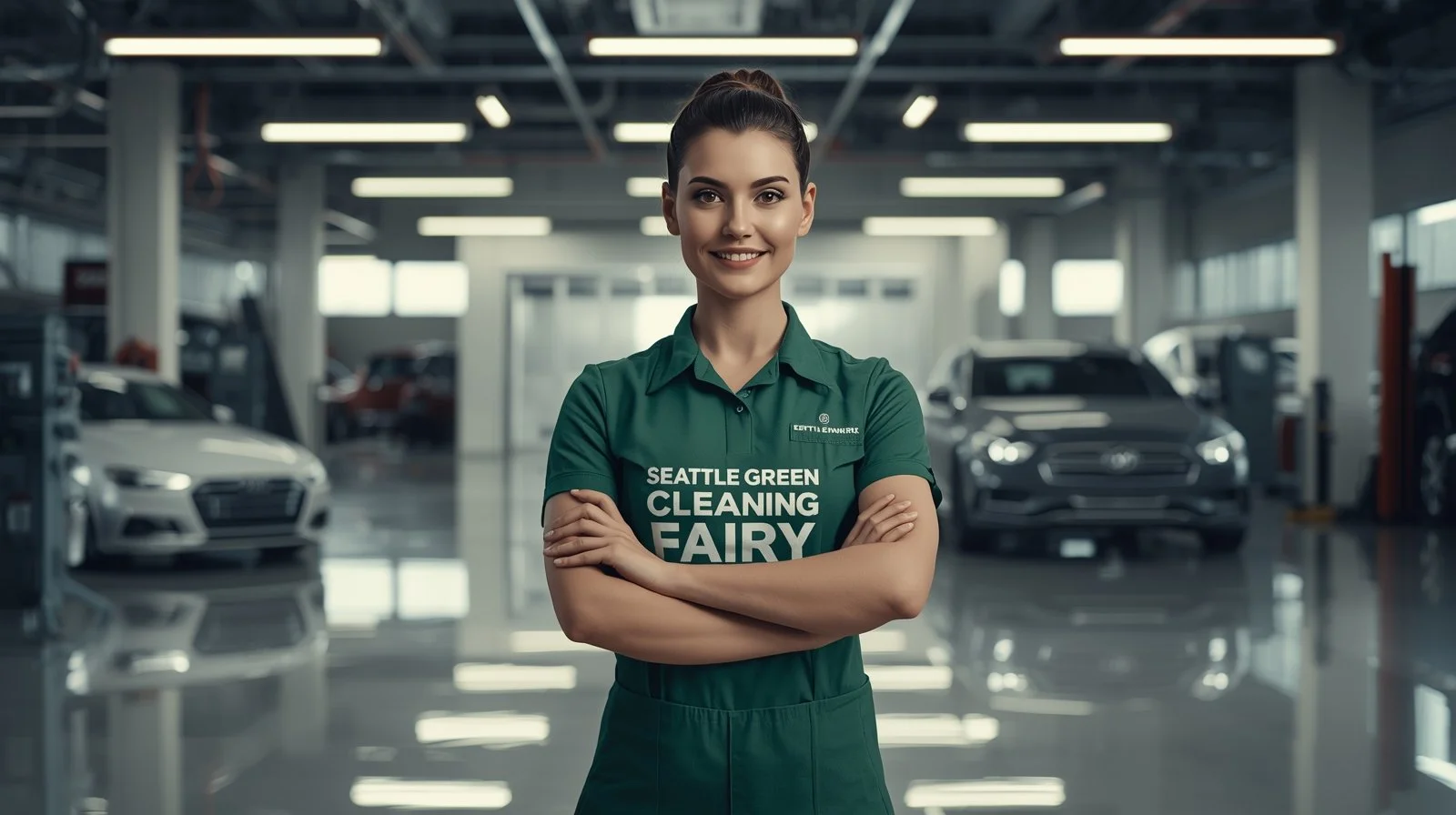 Professional car dealership service bay floor cleaning in Seattle with spotless results