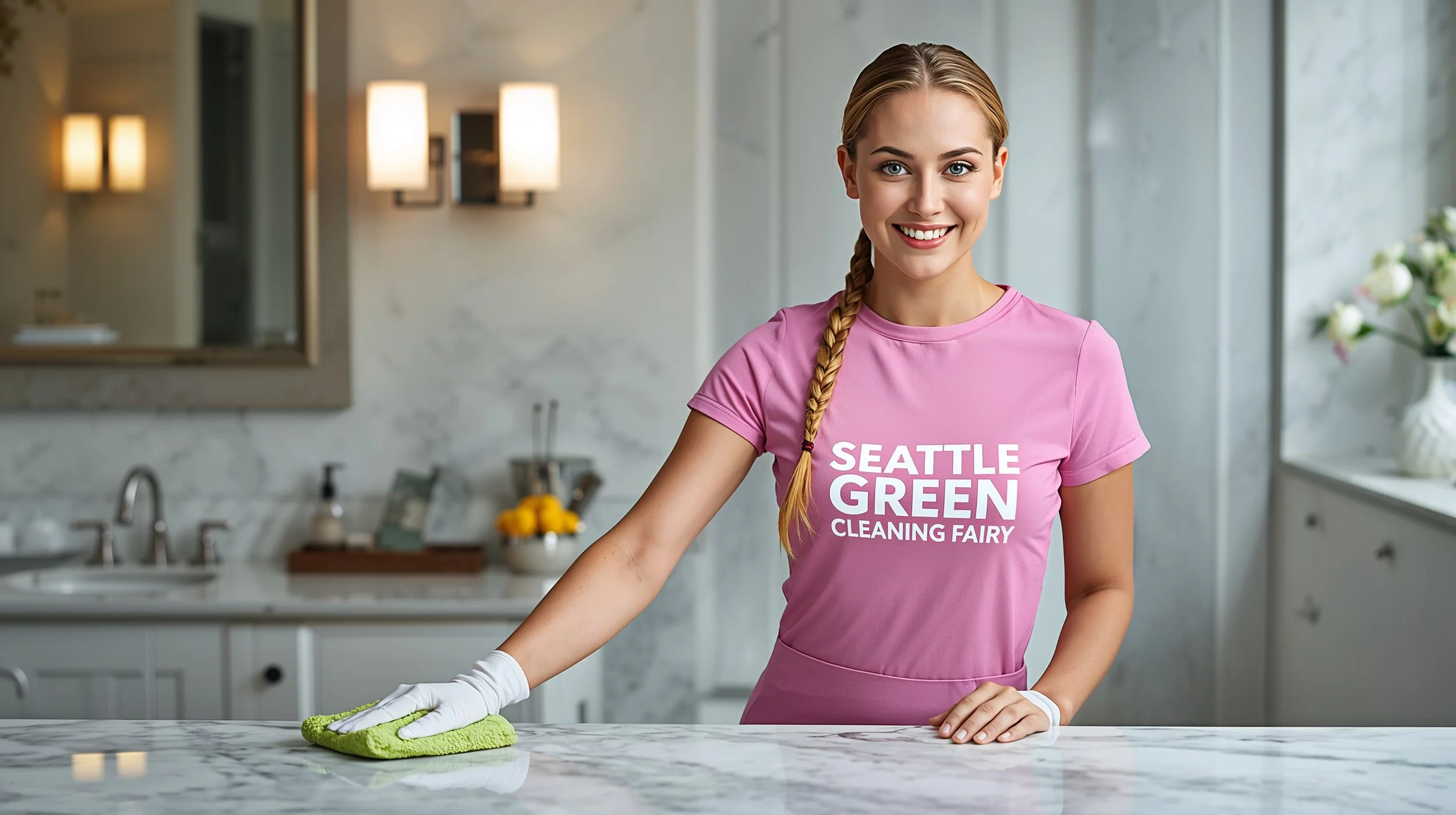 Professional cleaner wiping a marble bathroom floor in a Bellevue home.