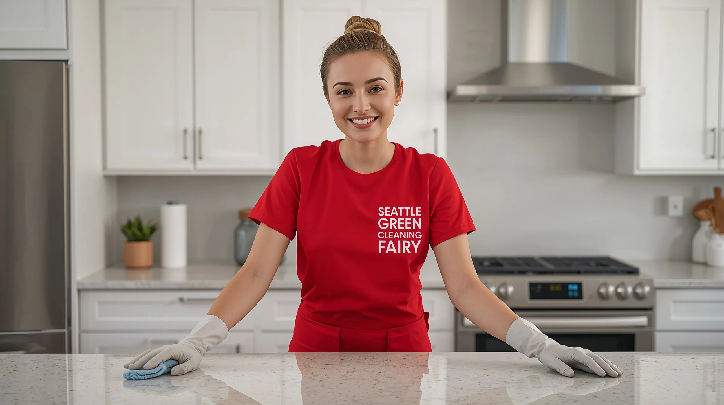 Seattle Green Cleaning Fairy wiping kitchen counters in Mountlake Terrace Washington