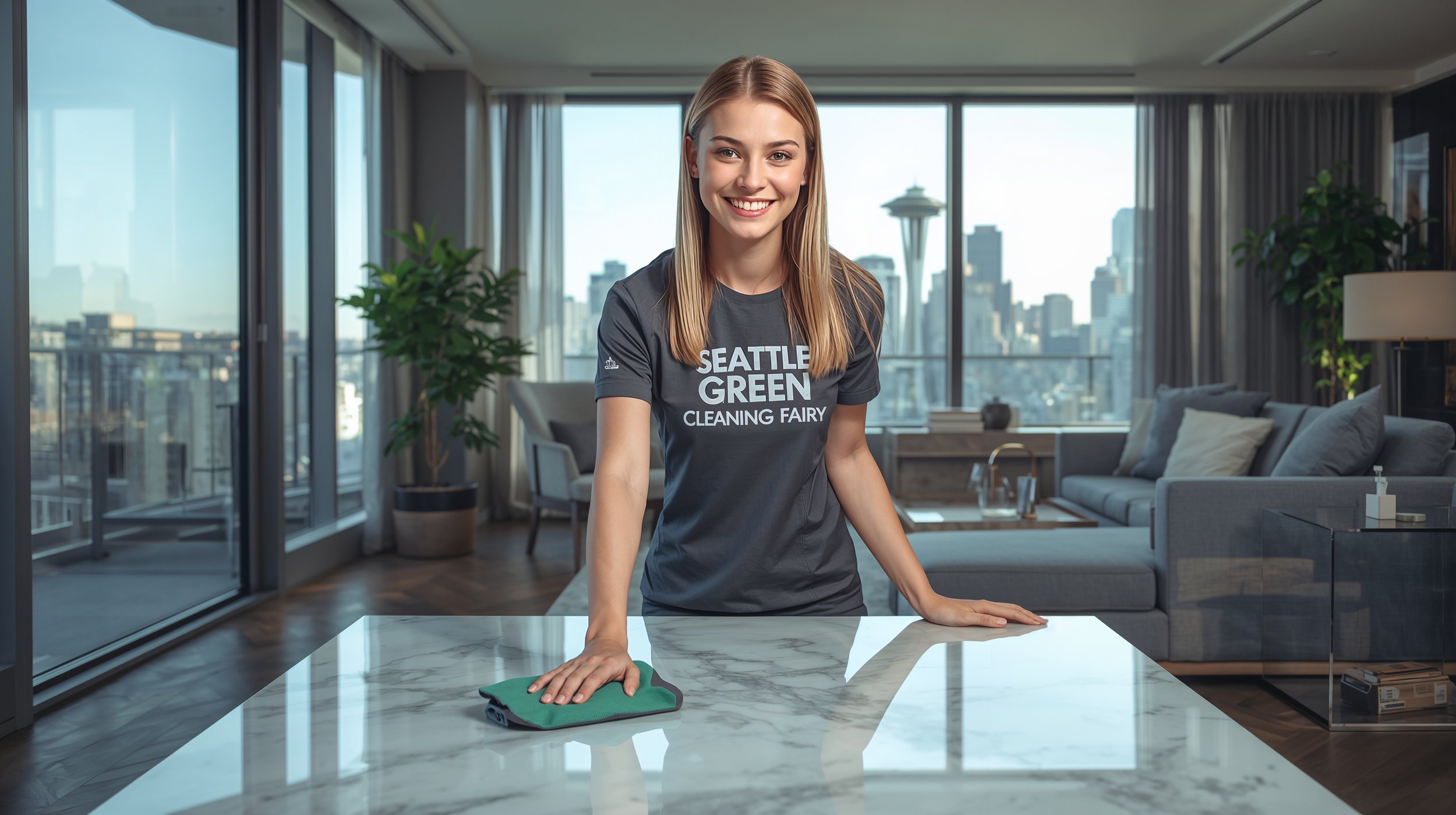 Professional house cleaner in gray uniform wiping marble table in upscale Seattle apartment with skyline view.