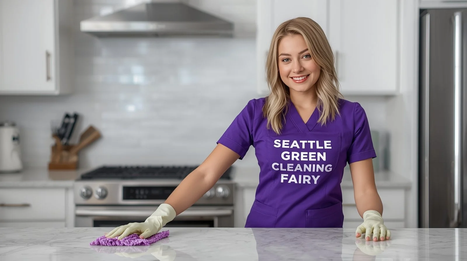 Seattle Green Cleaning Fairy wiping kitchen counters in a Wedgwood Seattle home