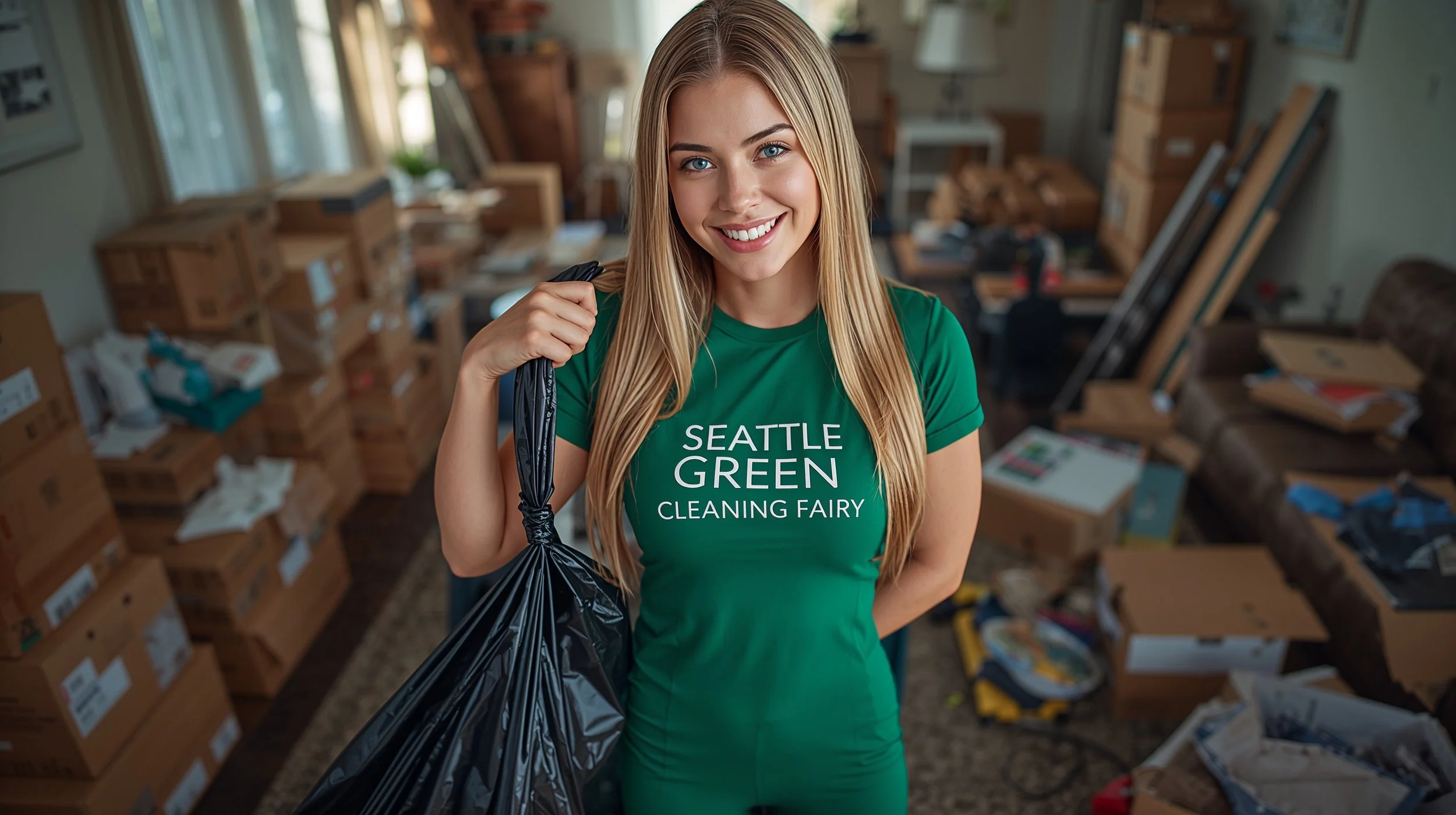 Professional hoarding cleanup technician clearing clutter in a Bellevue home living room during a luxury service visit