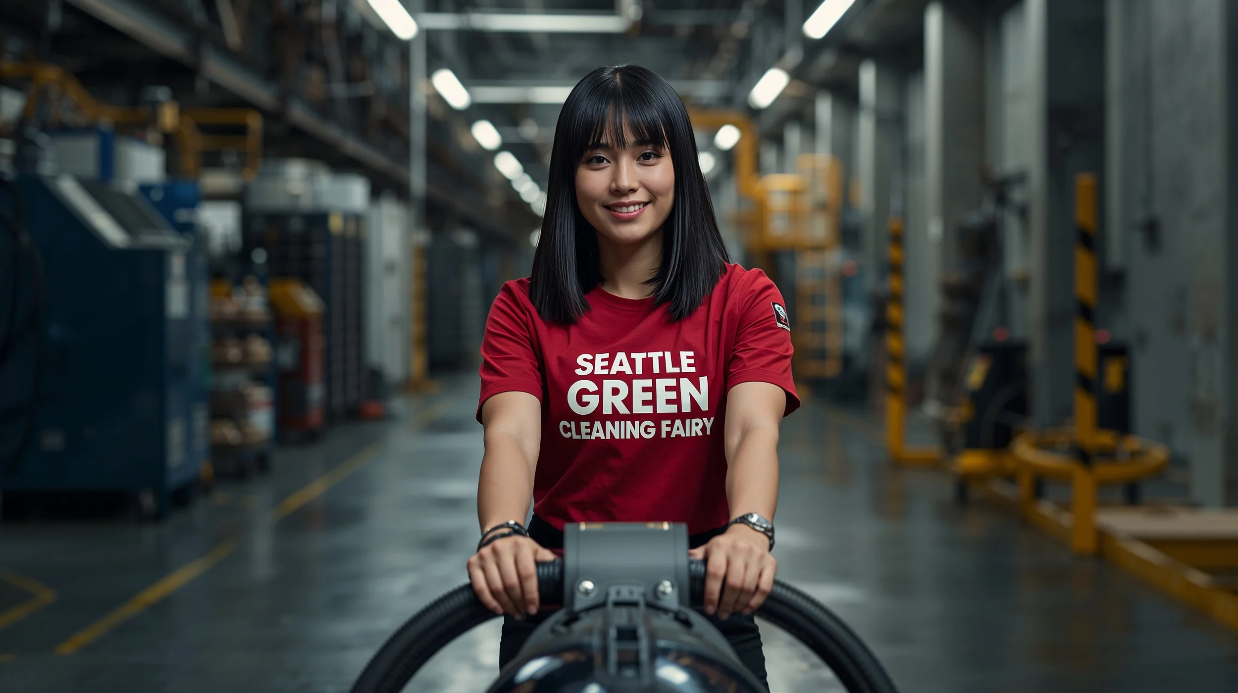 Professional industrial vacuum cleaning service inside Seattle factory corridor.