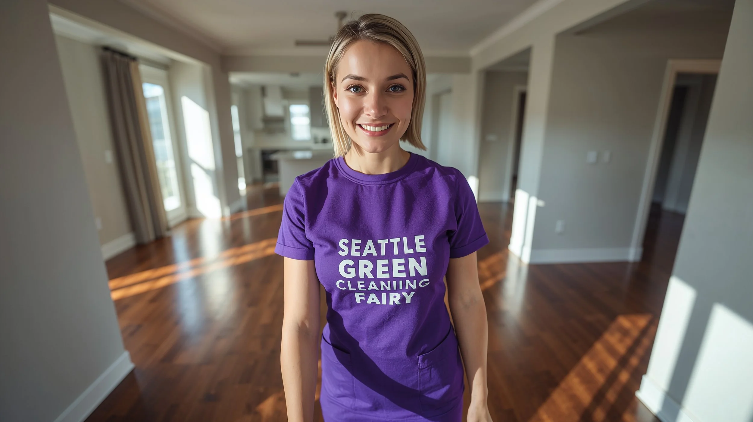 Female residential cleaner mopping hardwood floors in modern Seattle home.