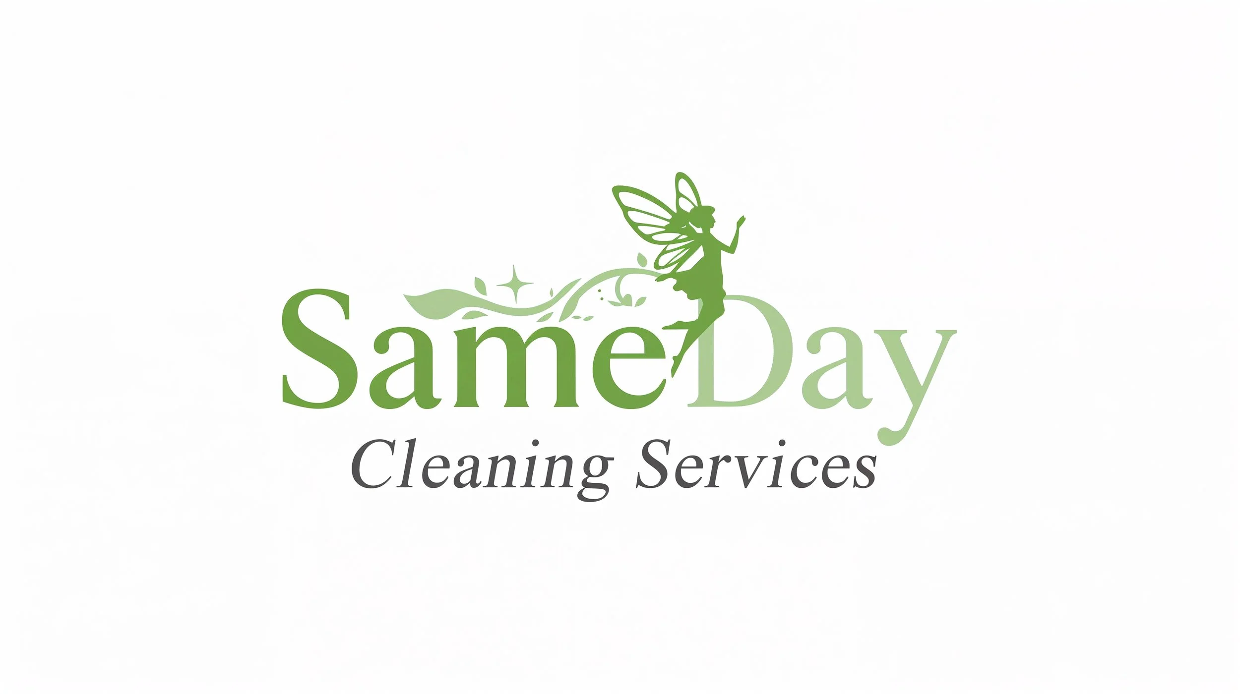 Same-day cleaning services logo with modern text and fairy motion trail