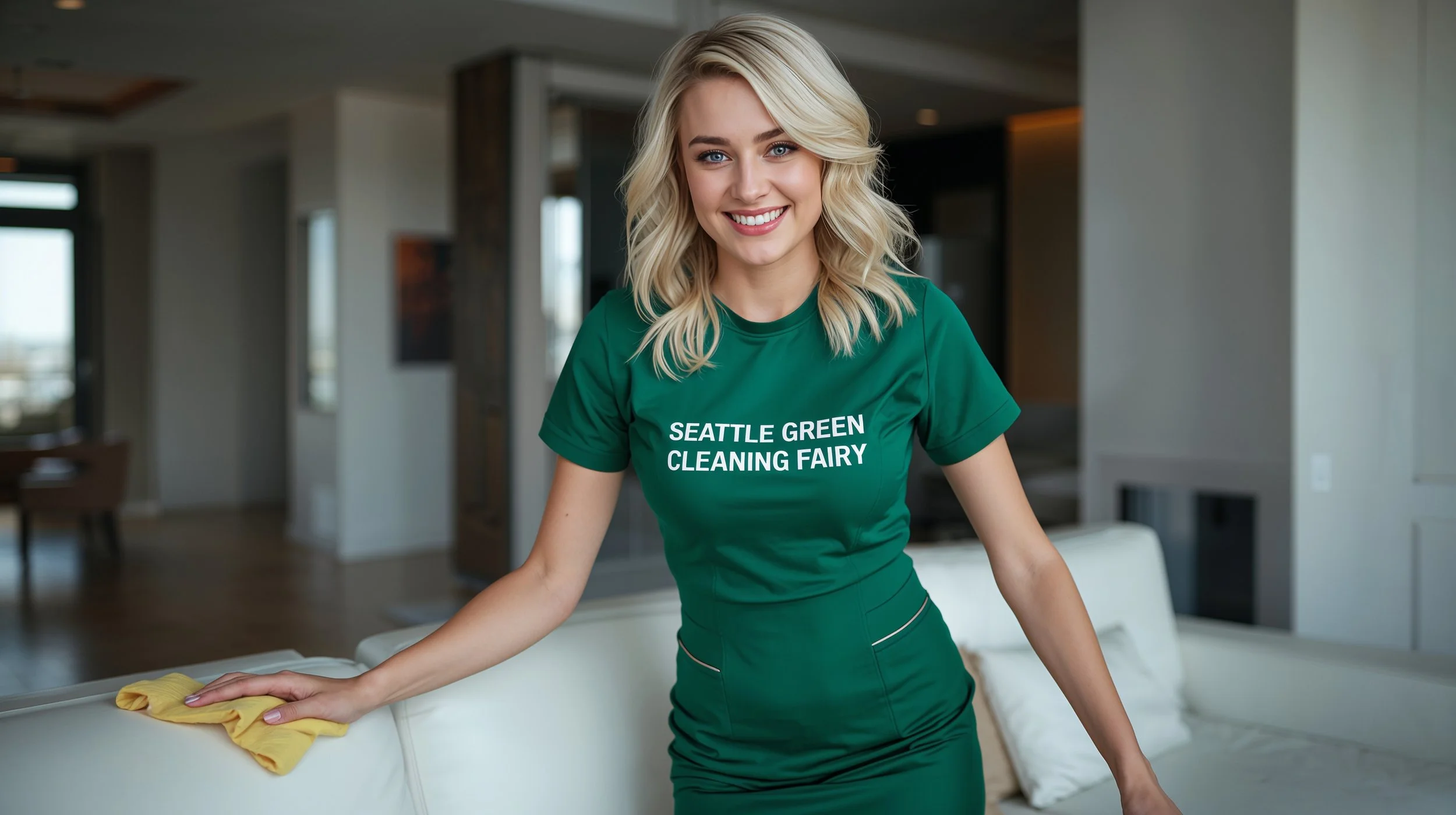 Technician polishing a freshly cleaned white leather sofa in a Seattle penthouse living room.