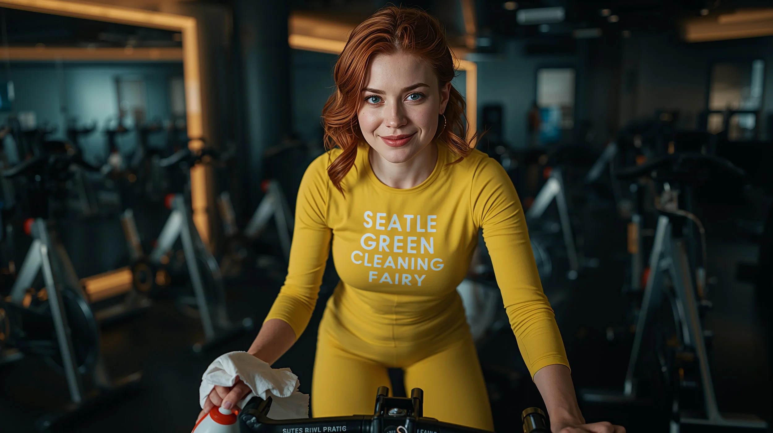 Professional cleaner sanitizing spin bikes inside a Seattle fitness studio