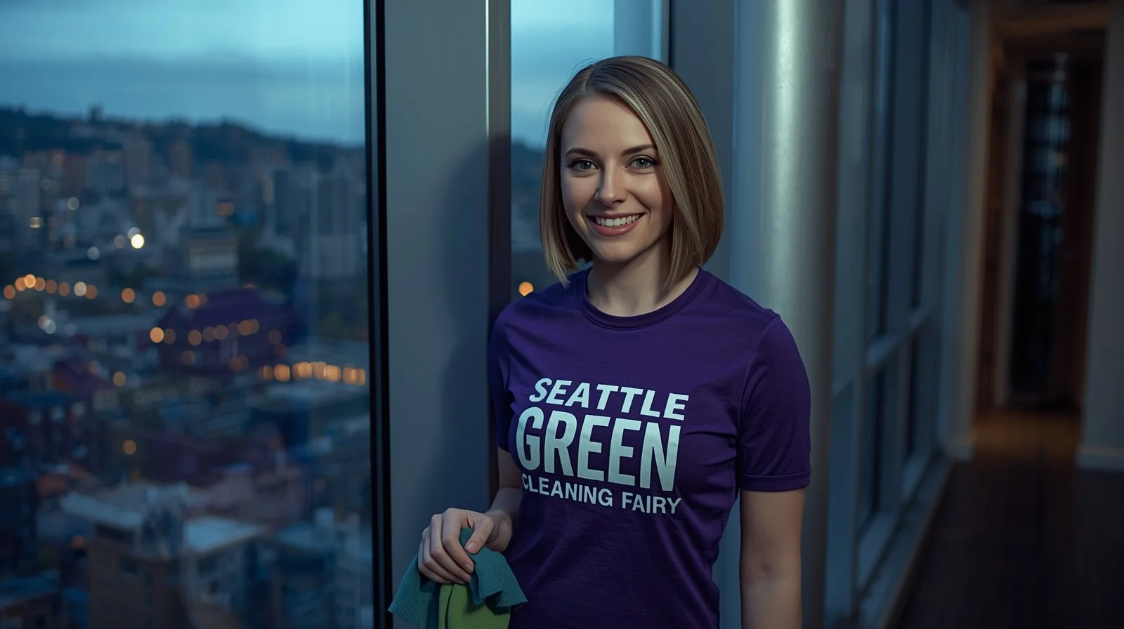 Professional condo cleaner smiling beside spotless windows in Seattle