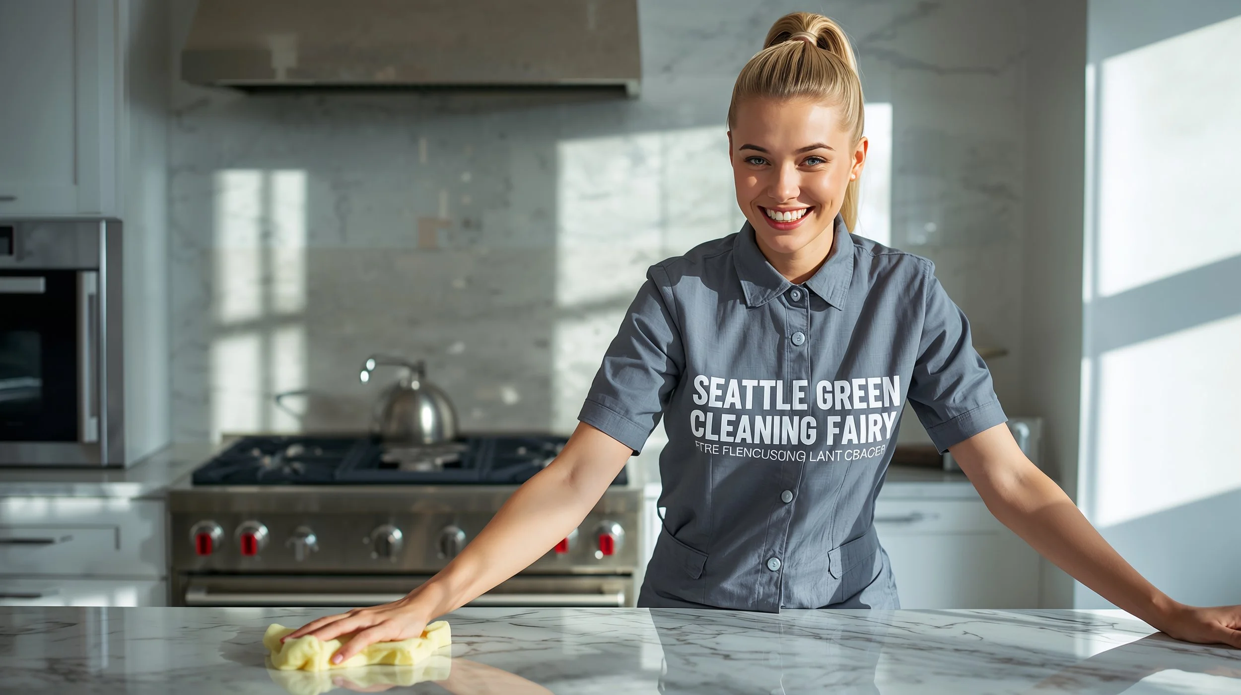 Blonde cleaner polishing quartz countertop in upscale Seattle kitchen during same day service.