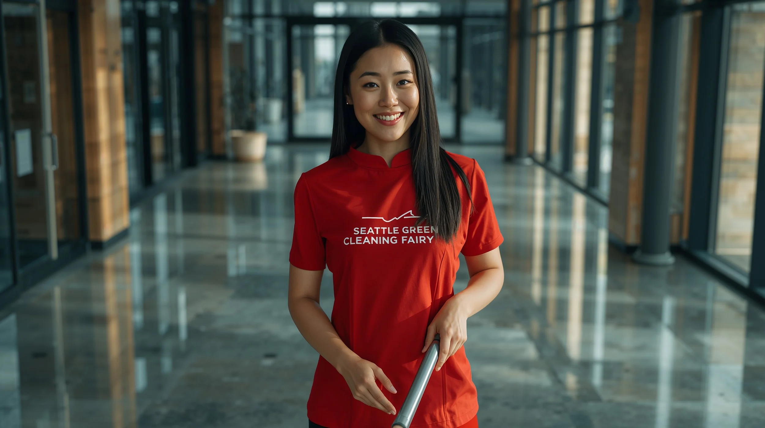Professional stone floor mopping in Seattle office building with SEATTLE GREEN CLEANING FAIRY branding