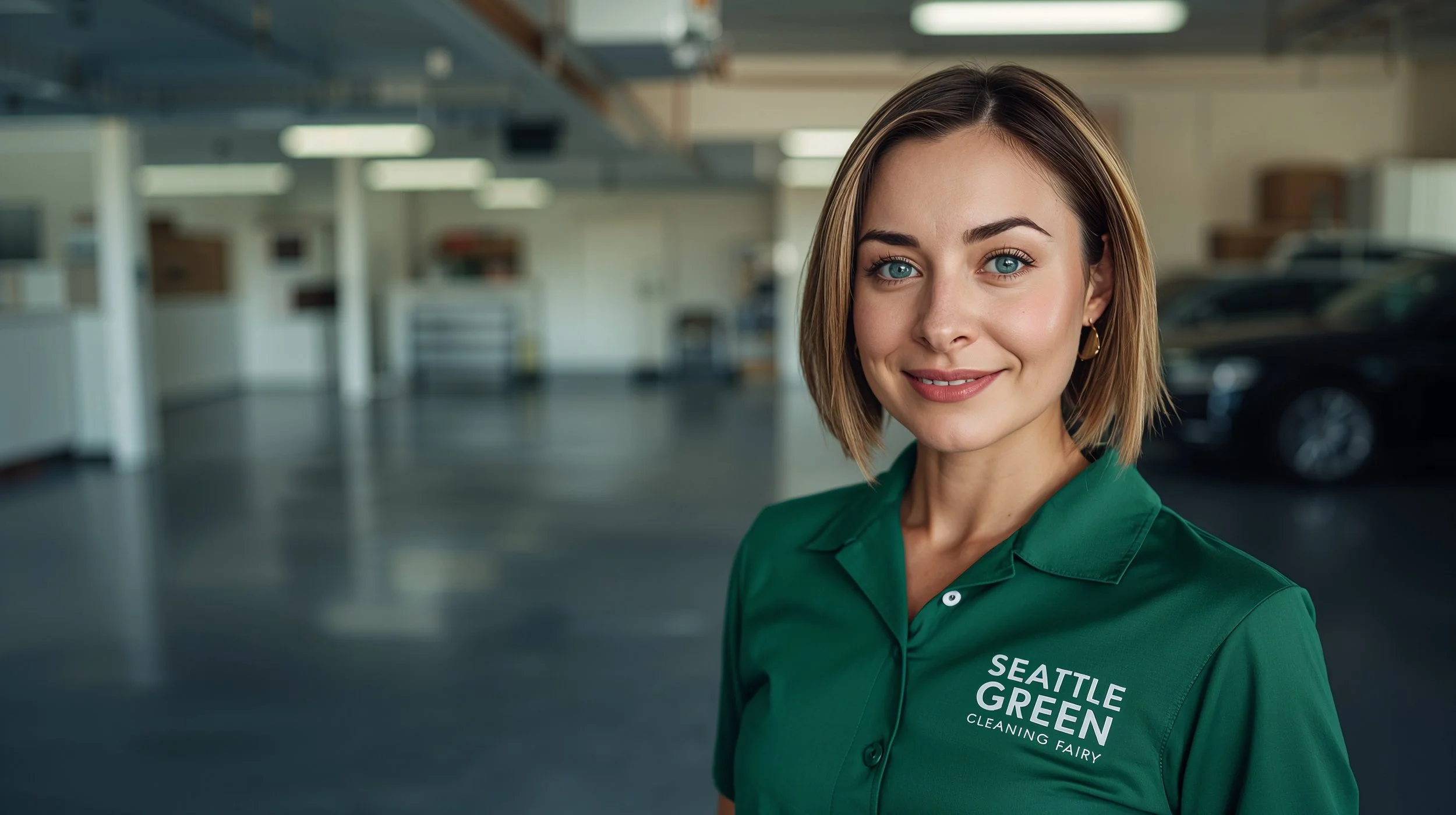 Professional cleaner in green uniform inside freshly organized Seattle garage.