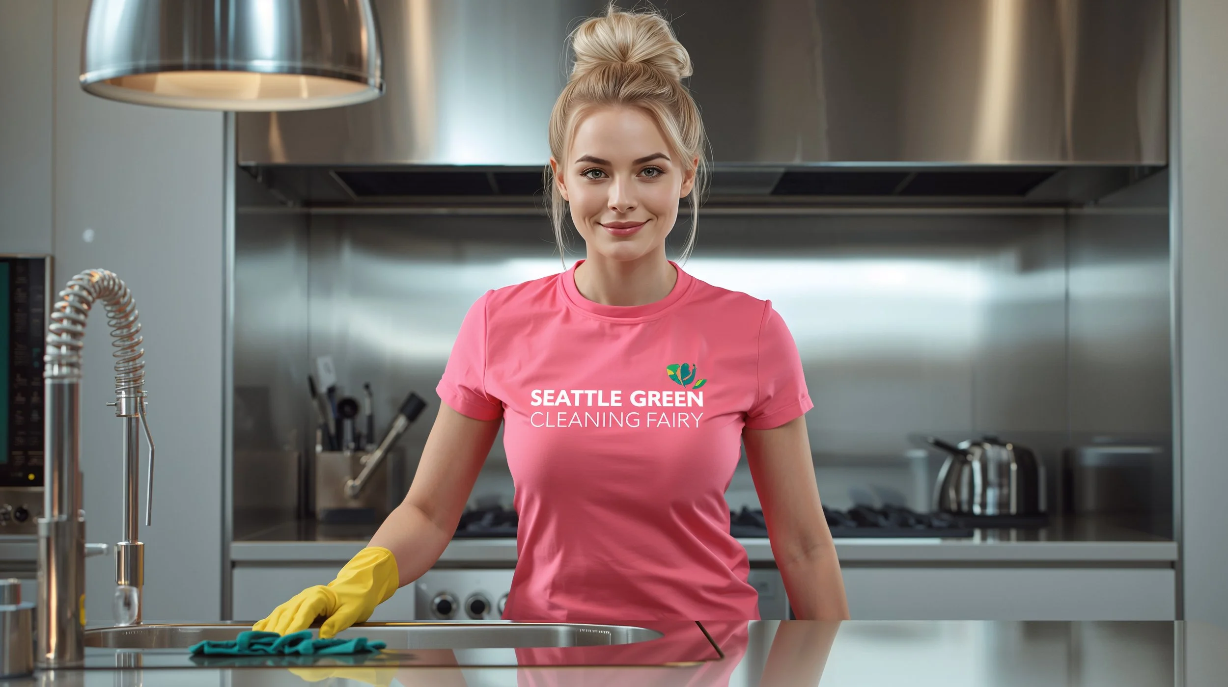 Energetic young Lithuanian cleaner with high cheekbones in bright pink Seattle Green Cleaning Fairy uniform shining a kitchen sink in Everett, WA