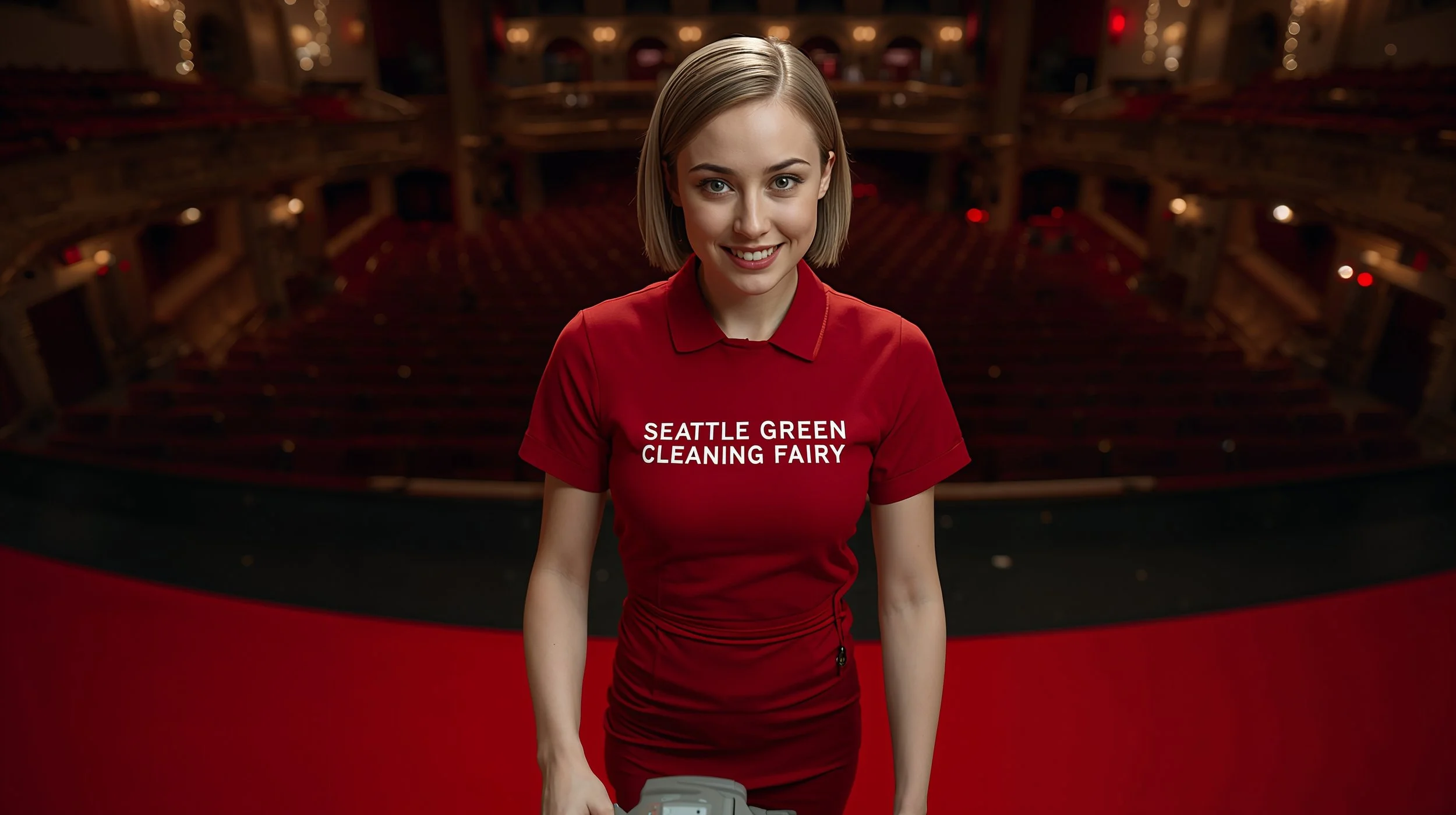 Young cleaner vacuuming theater carpet after Seattle live event