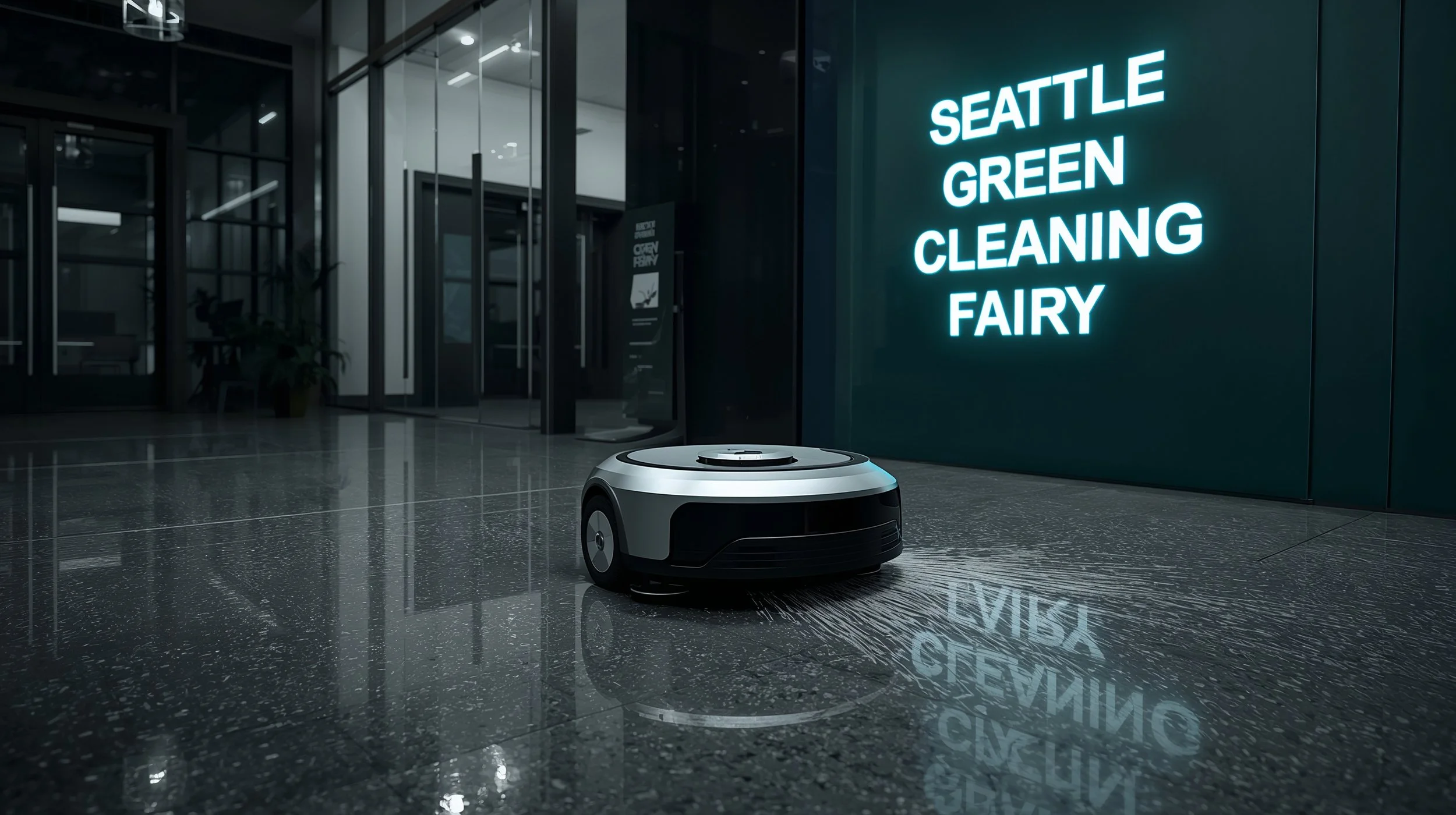 Autonomous cleaning robot polishing a Seattle office lobby floor