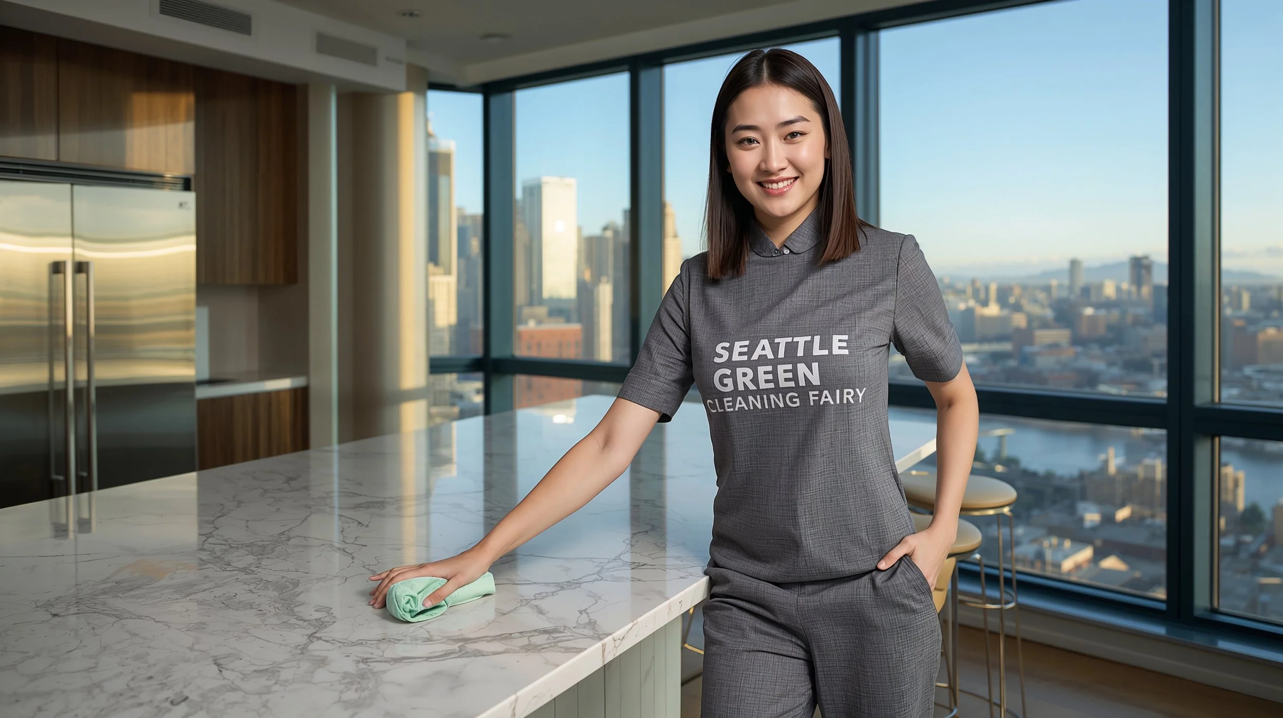 Joyful professional cleaner polishing marble kitchen island in upscale Seattle Airbnb with skyline view.