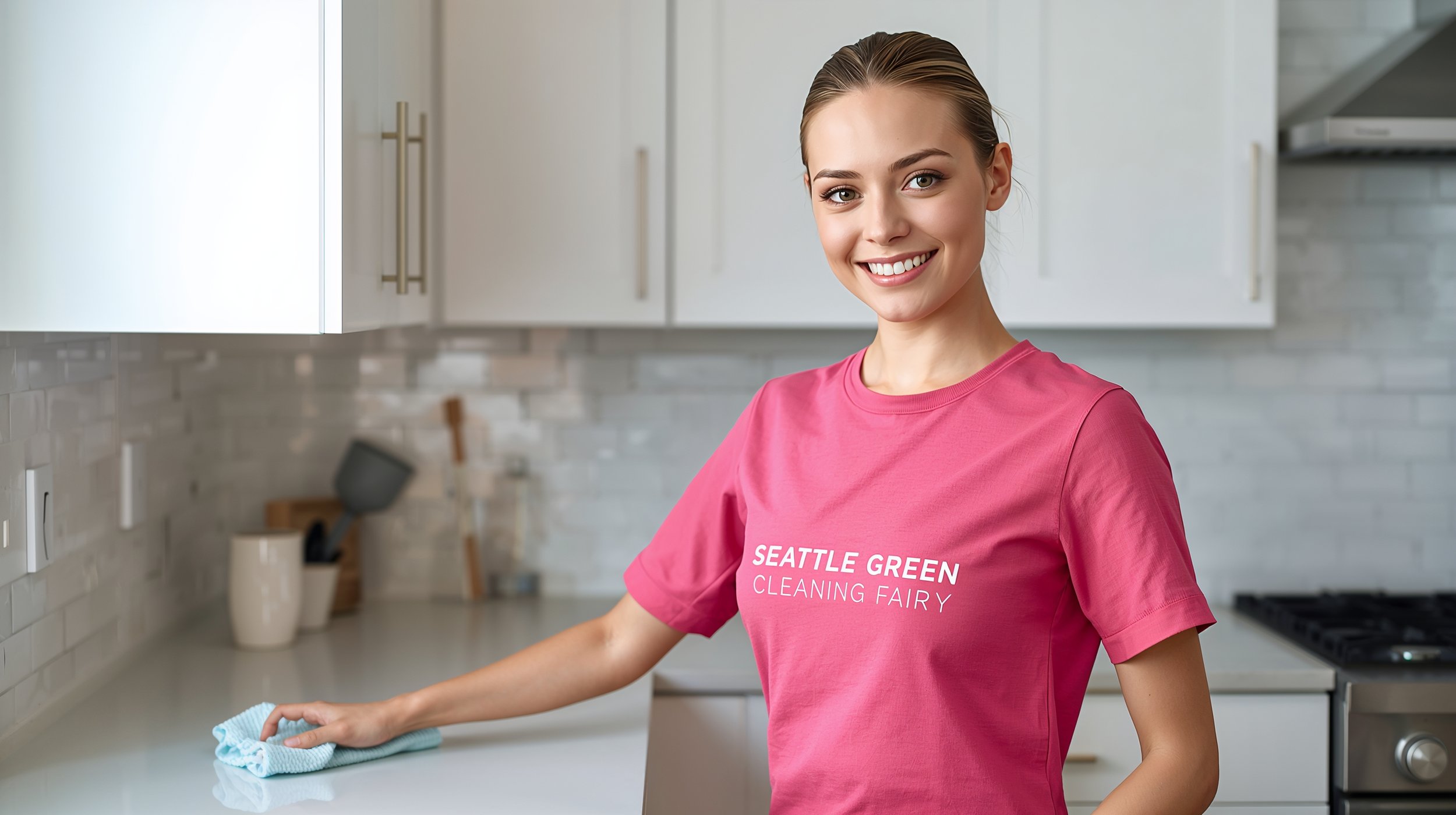 Seattle Green Cleaning Fairy polishing kitchen cabinets in Woodinville Washington