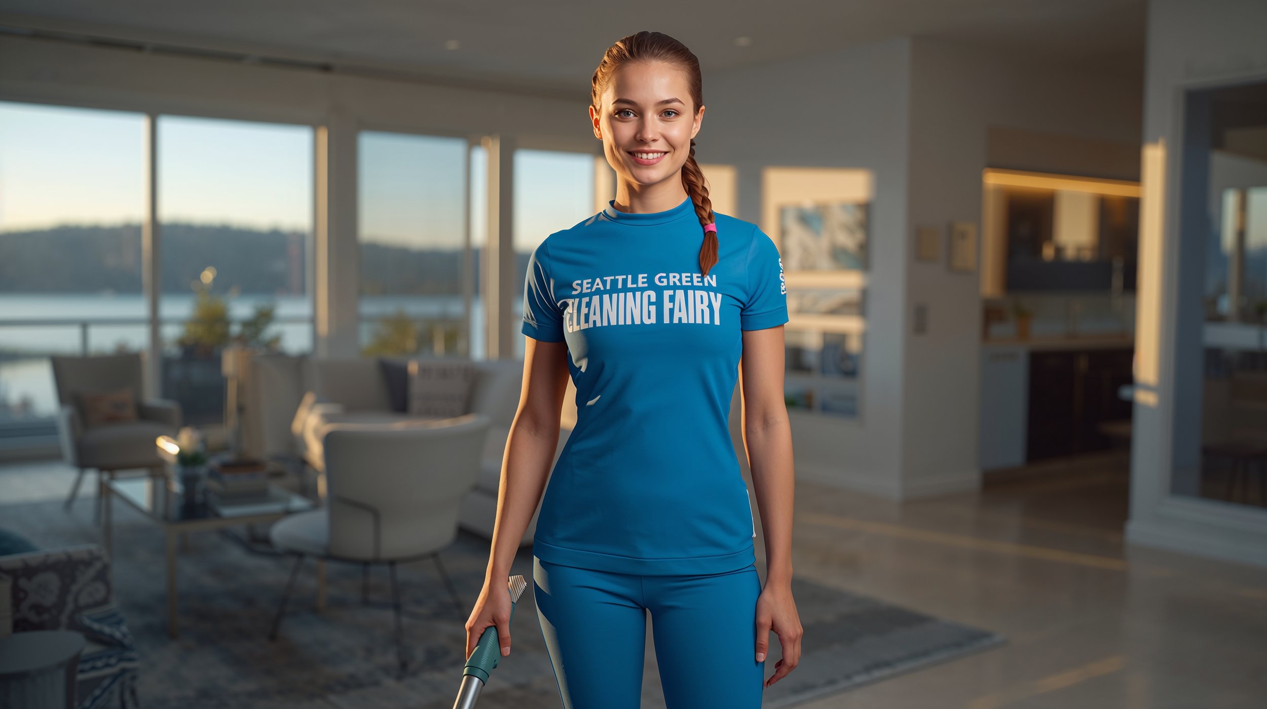 Youthful Finnish woman in blue Seattle Green Cleaning Fairy uniform vacuuming fresh interior of Lake Forest Park residence near the lake
