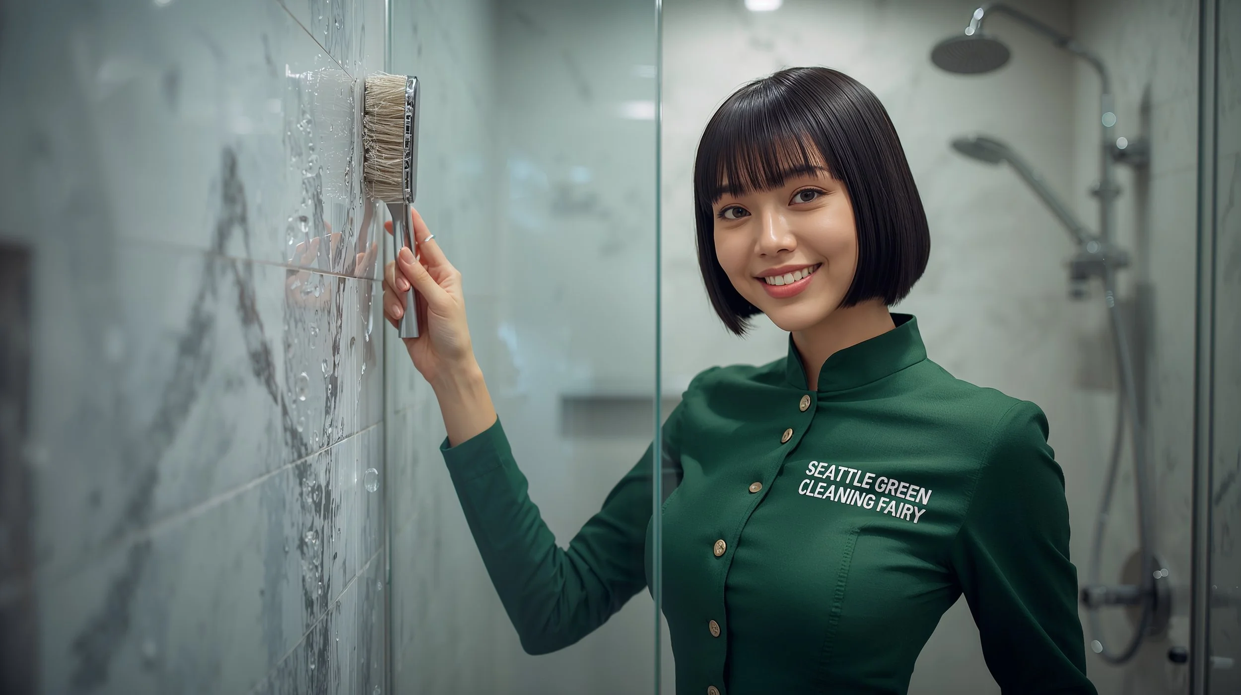 Professional cleaner scrubbing tiled shower in upscale Seattle rental bathroom.