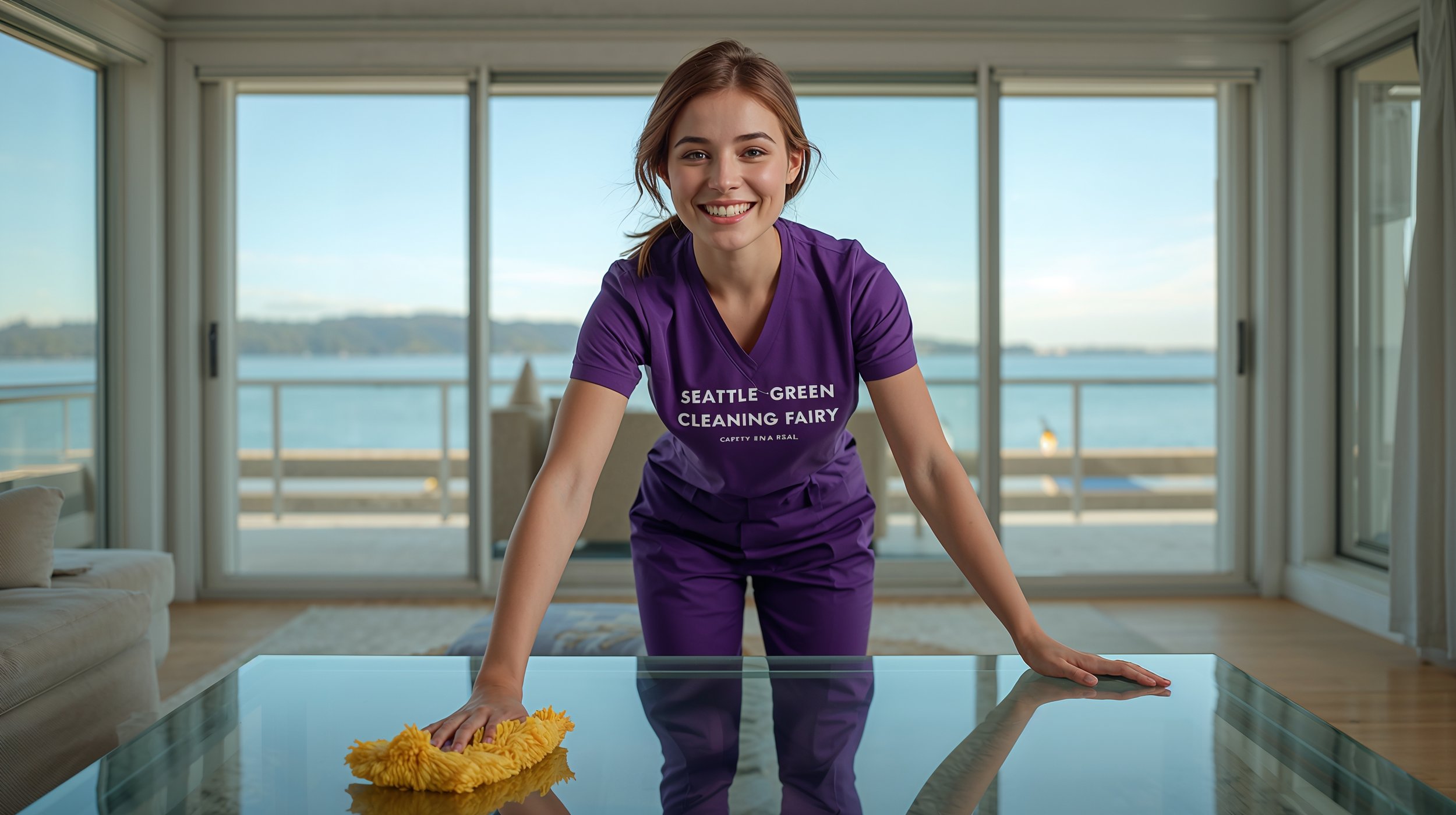 Professional house cleaning service in Alki Seattle with cleaner in purple uniform inside ocean-view living room