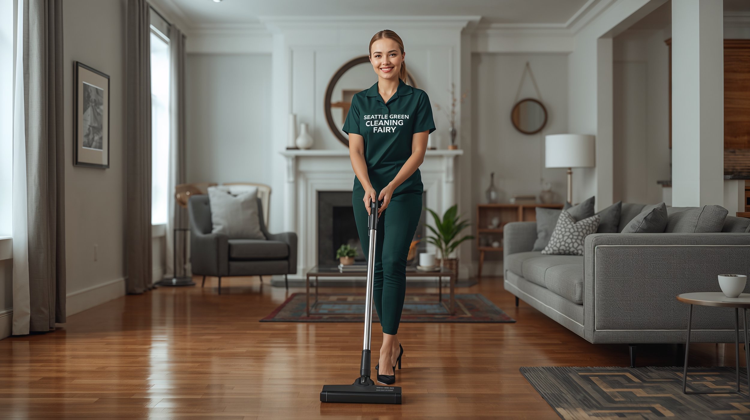 House cleaning services Georgetown Seattle WA featuring Seattle Green Cleaning Fairy in a spotless living room