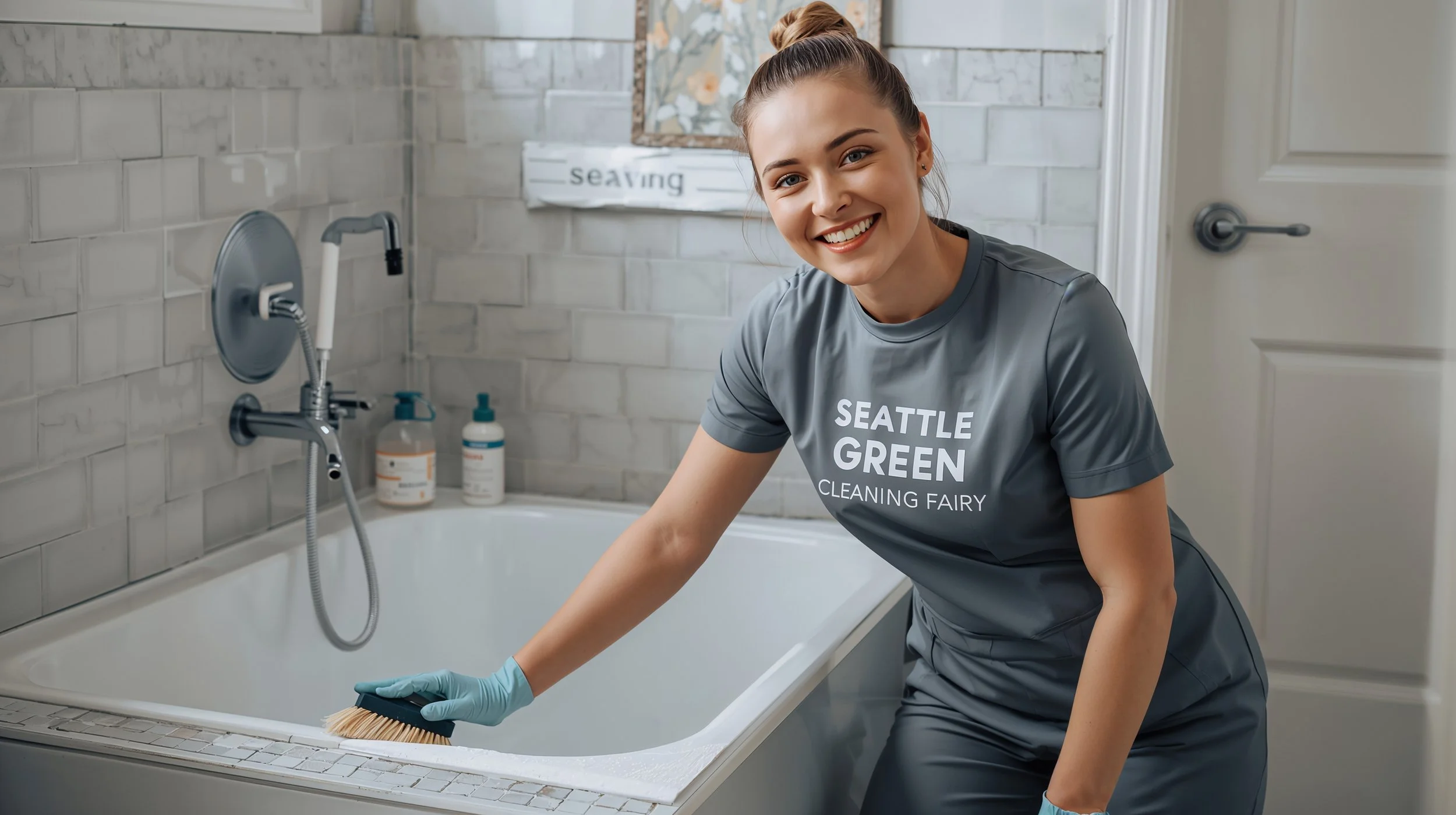 Seattle Green Cleaning Fairy scrubbing bathtub grout in Renton Washington