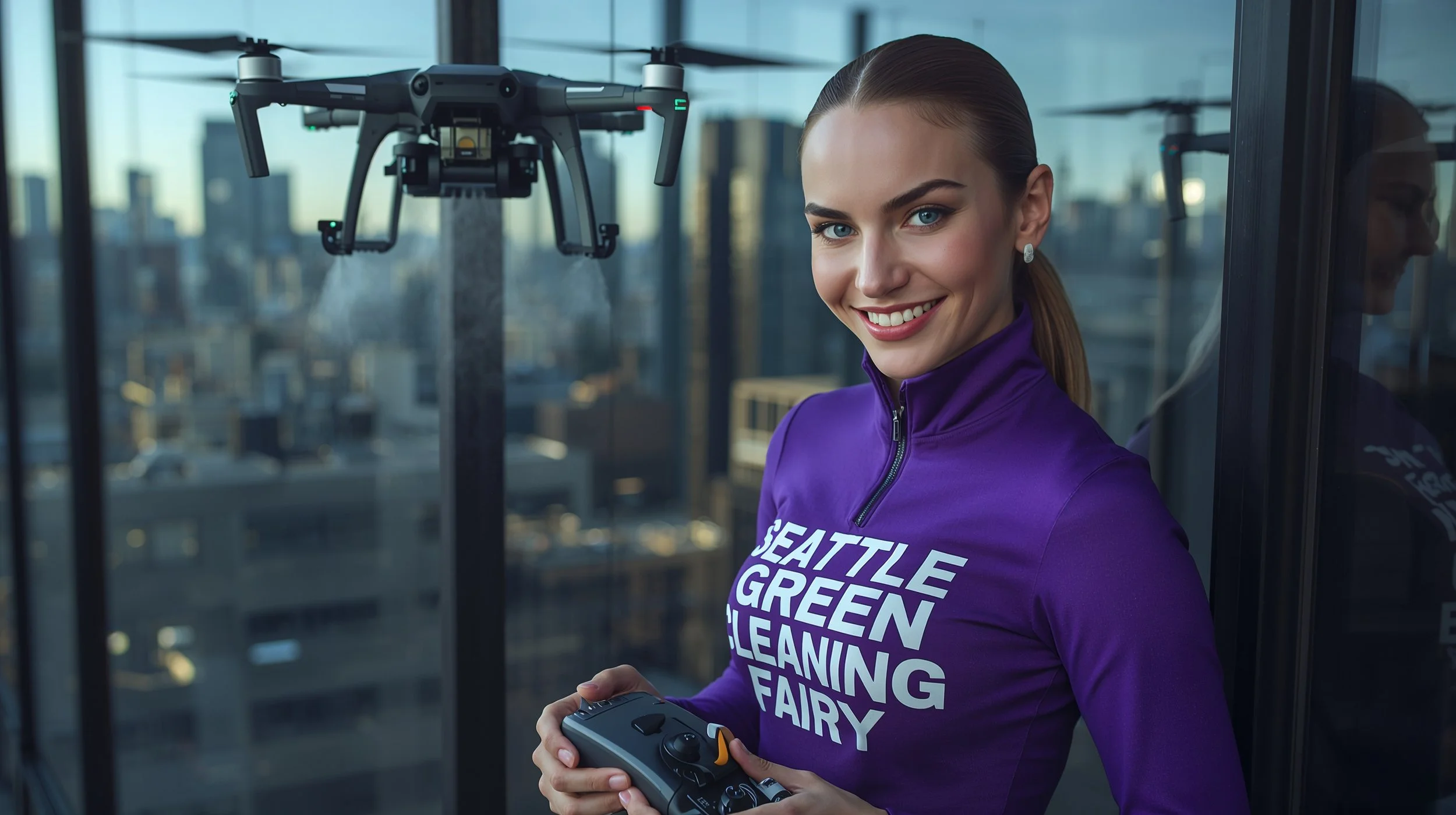 Professional operating drone window cleaning on Seattle high-rise