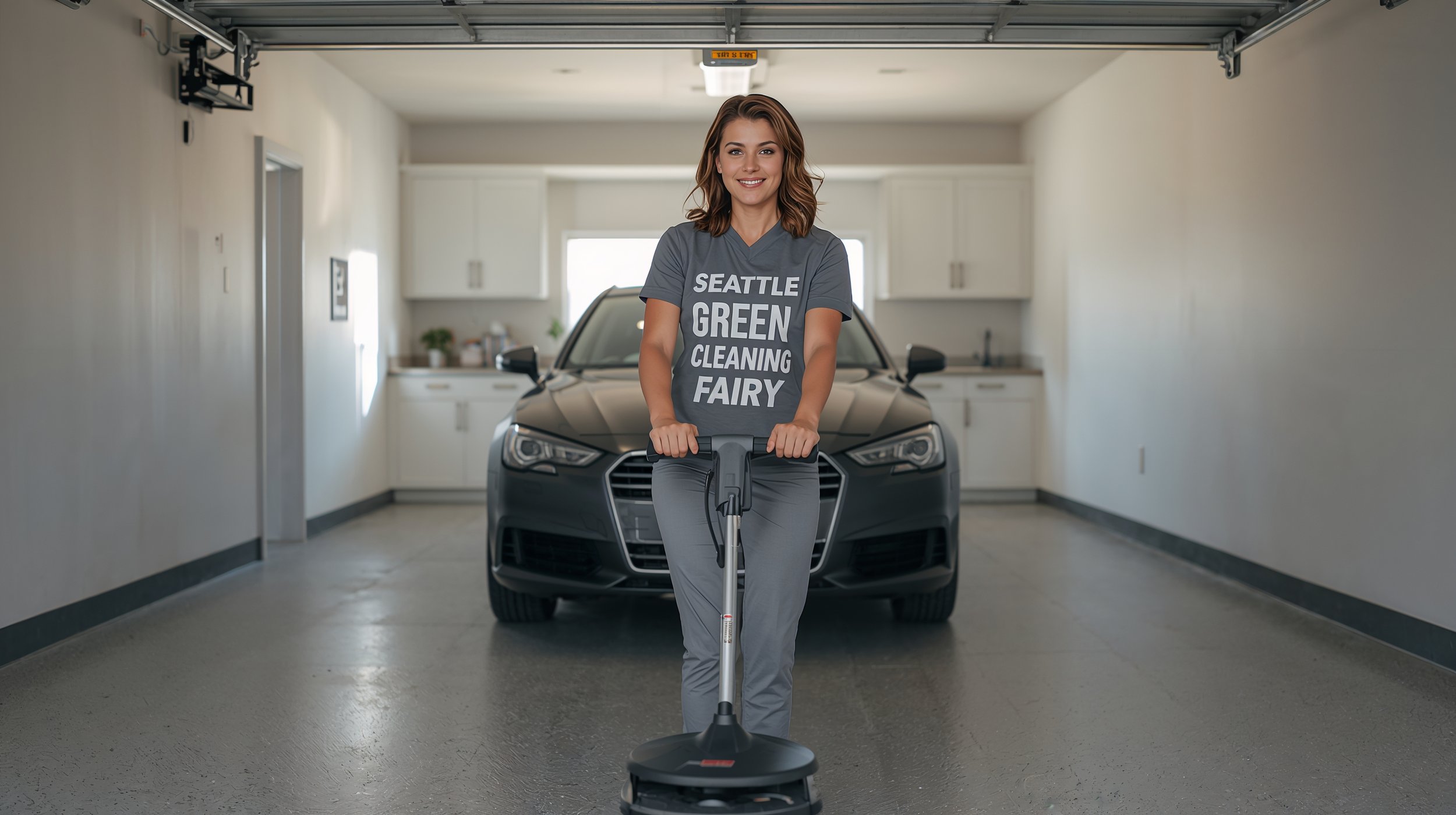Woman operating floor cleaning machine in a polished Bellevue Washington garage interior