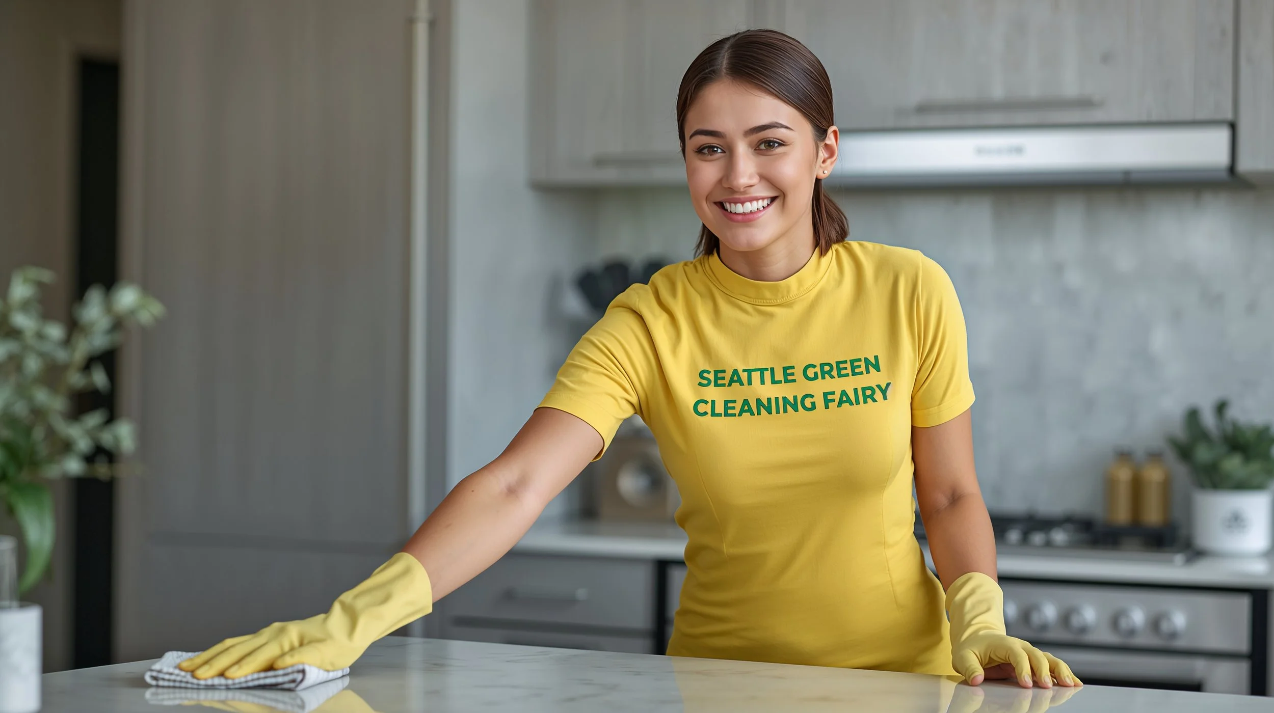 Professional house cleaning service in Hillman City Seattle featuring Seattle Green Cleaning Fairy cleaner in branded yellow uniform