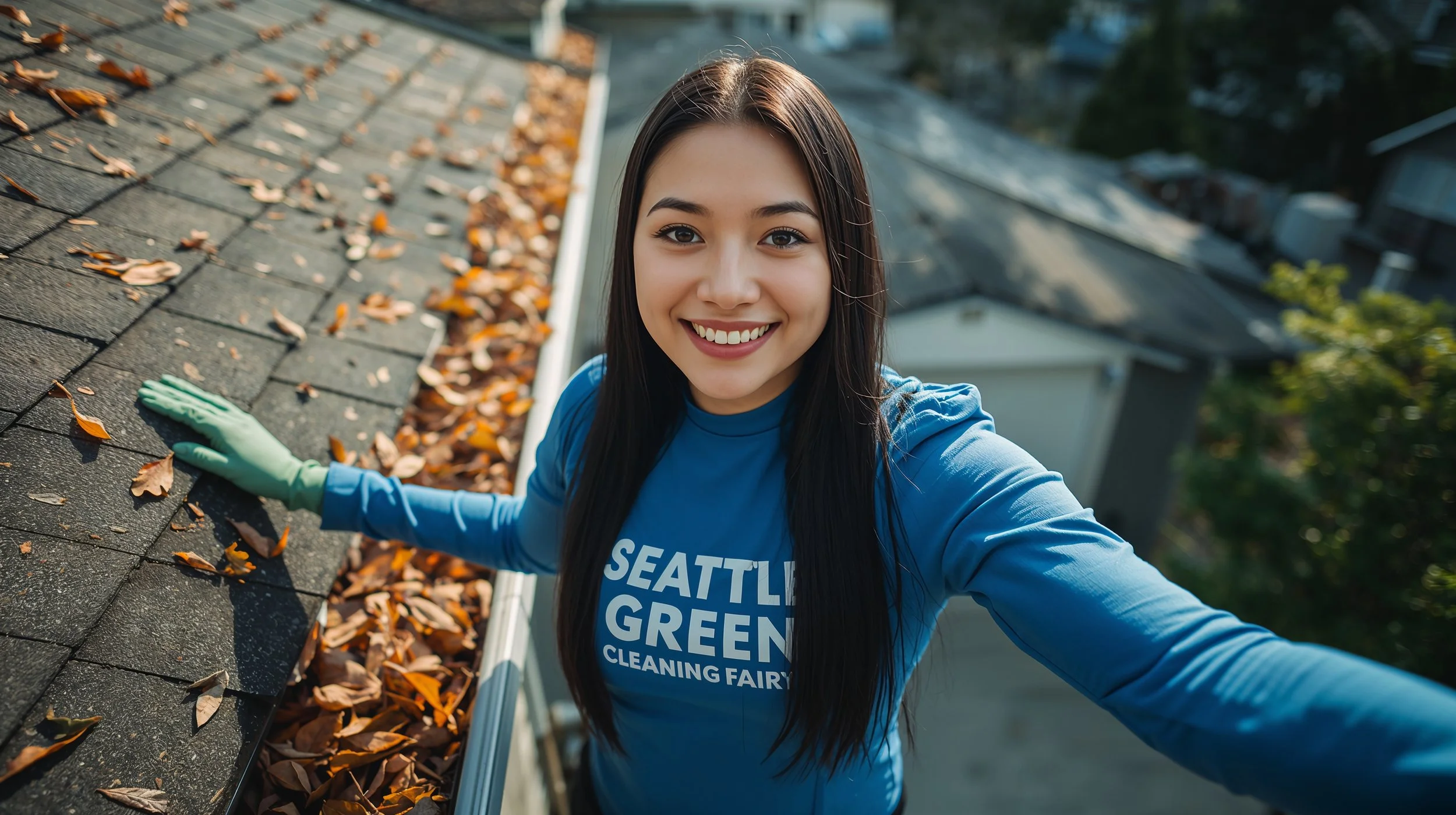 Professional cleaner clearing rooftop gutters on Seattle home.