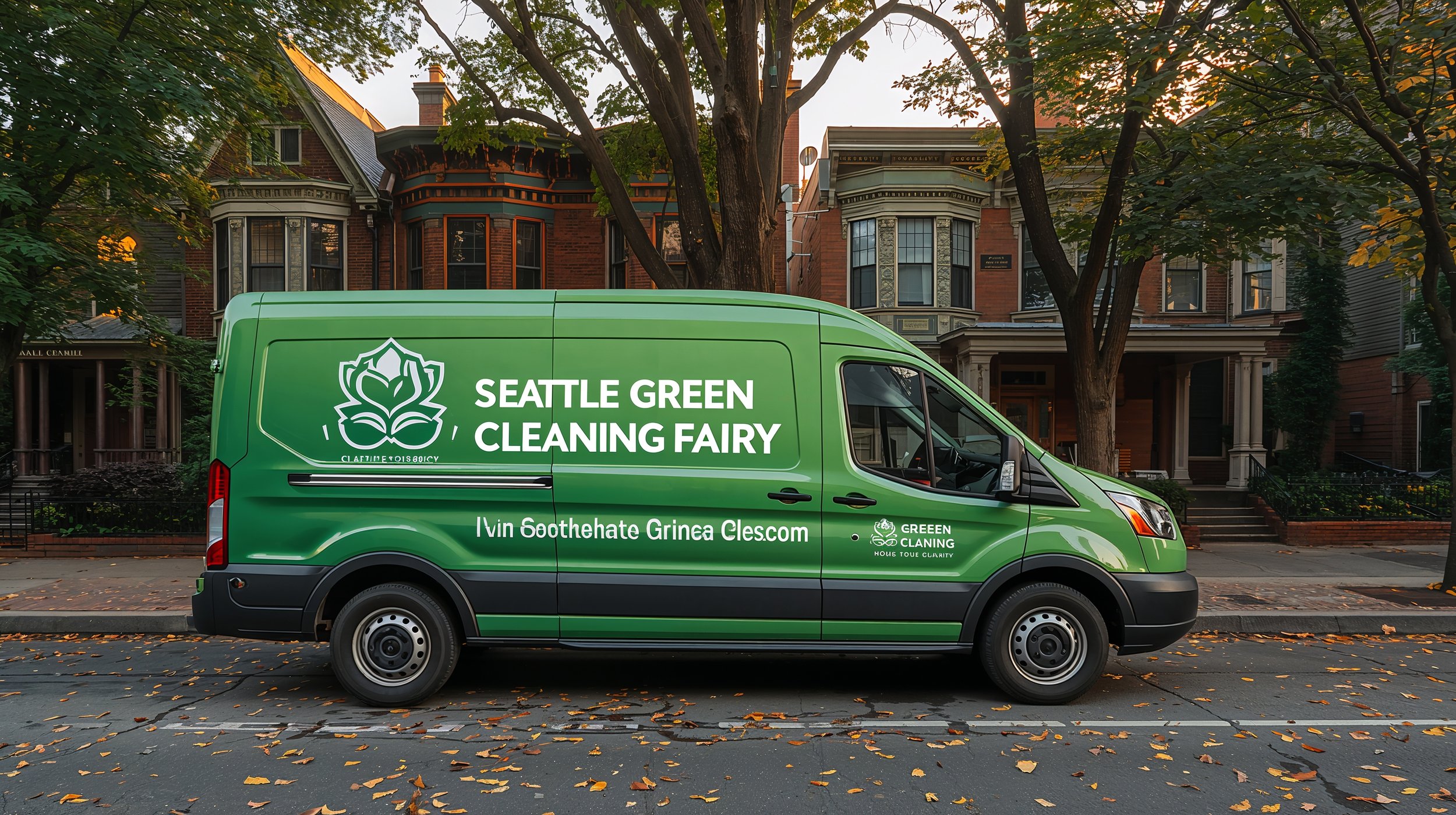 Seattle Green Cleaning Fairy van on leafy U-District street near Greek Row