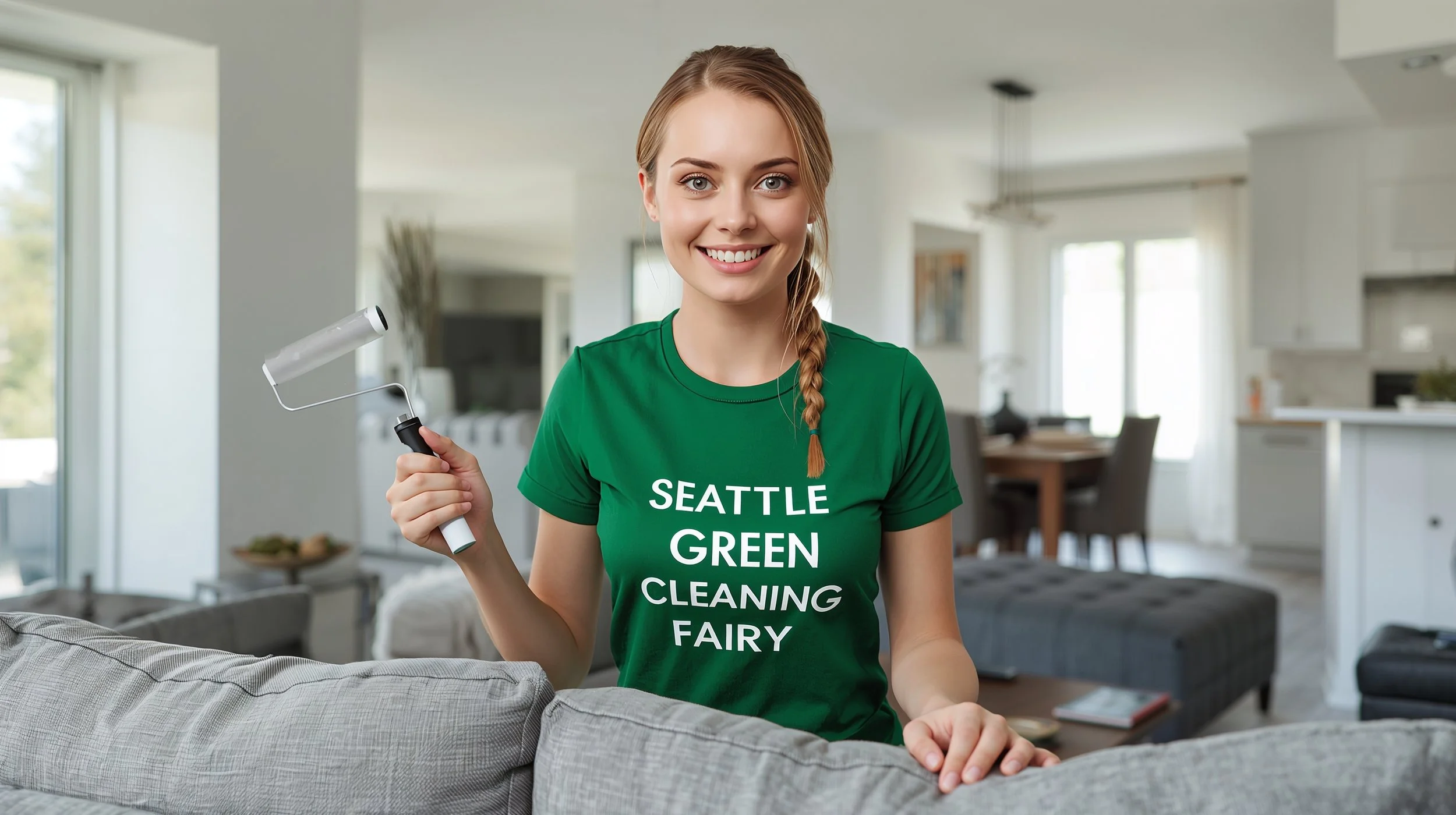 Seattle Green Cleaning Fairy removing pet hair from sofa in Mukilteo Washington