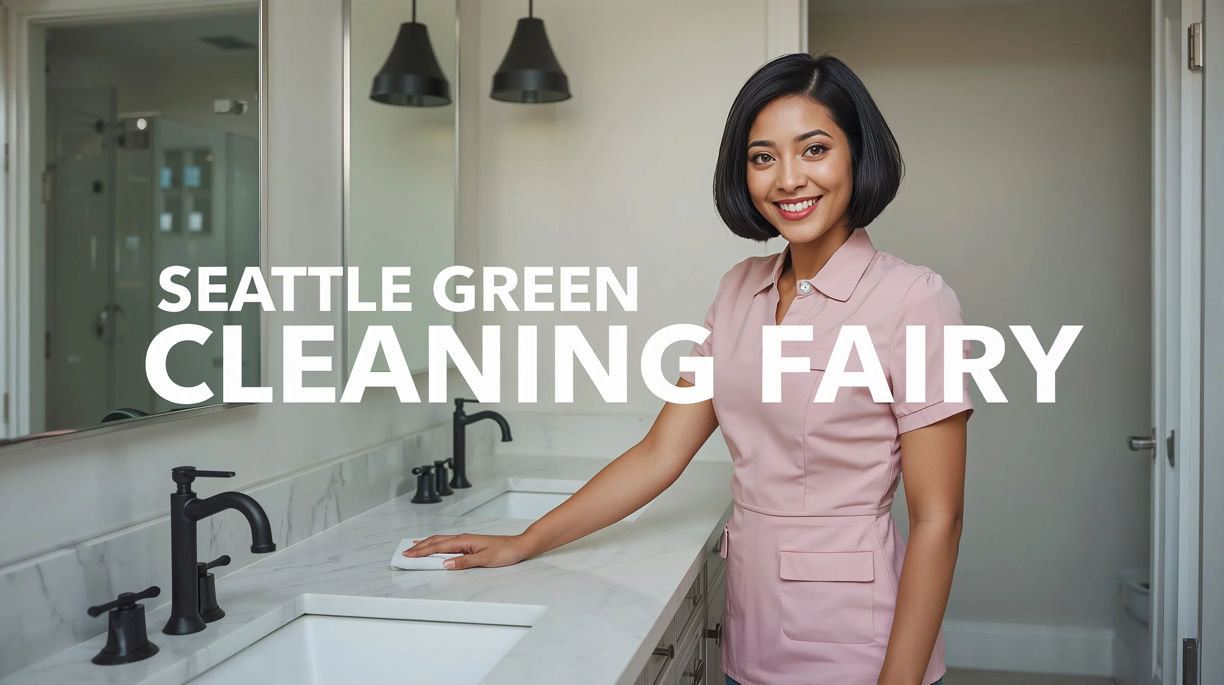 Professional cleaner polishing a luxury double sink vanity in Bellevue.