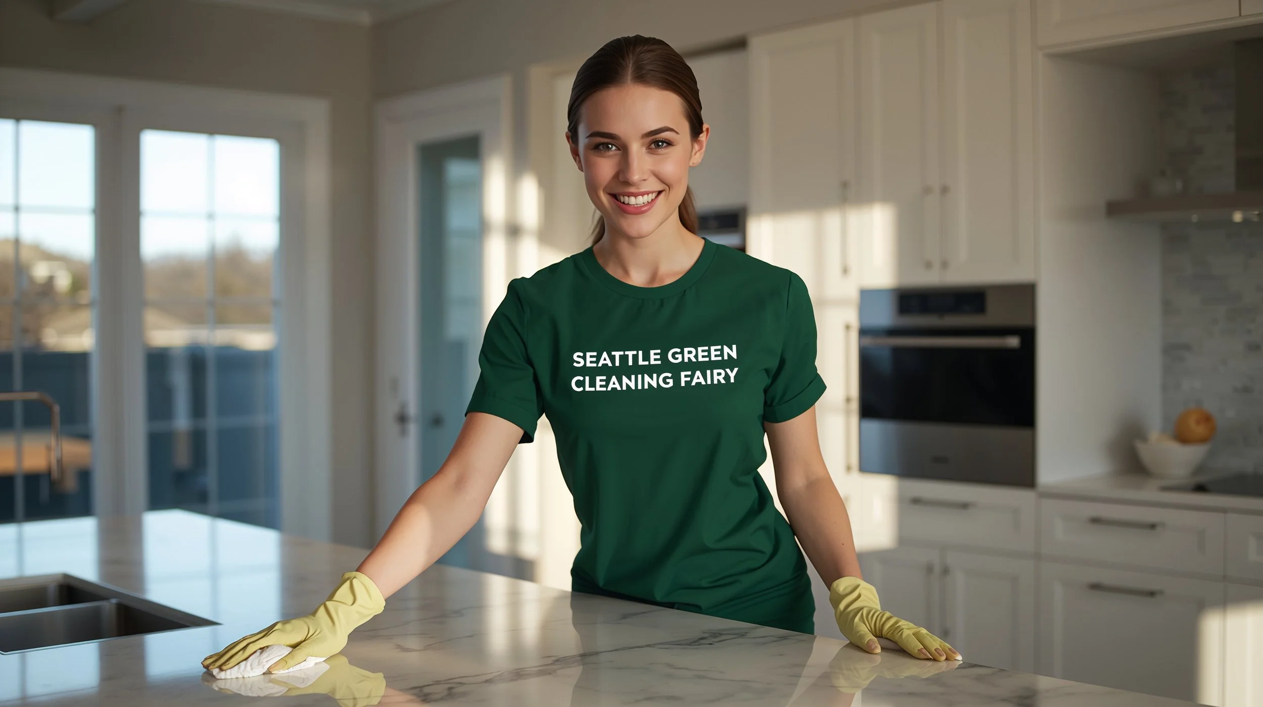 Professional house cleaning service in Crown Hill Seattle with branded Seattle Green Cleaning Fairy uniform