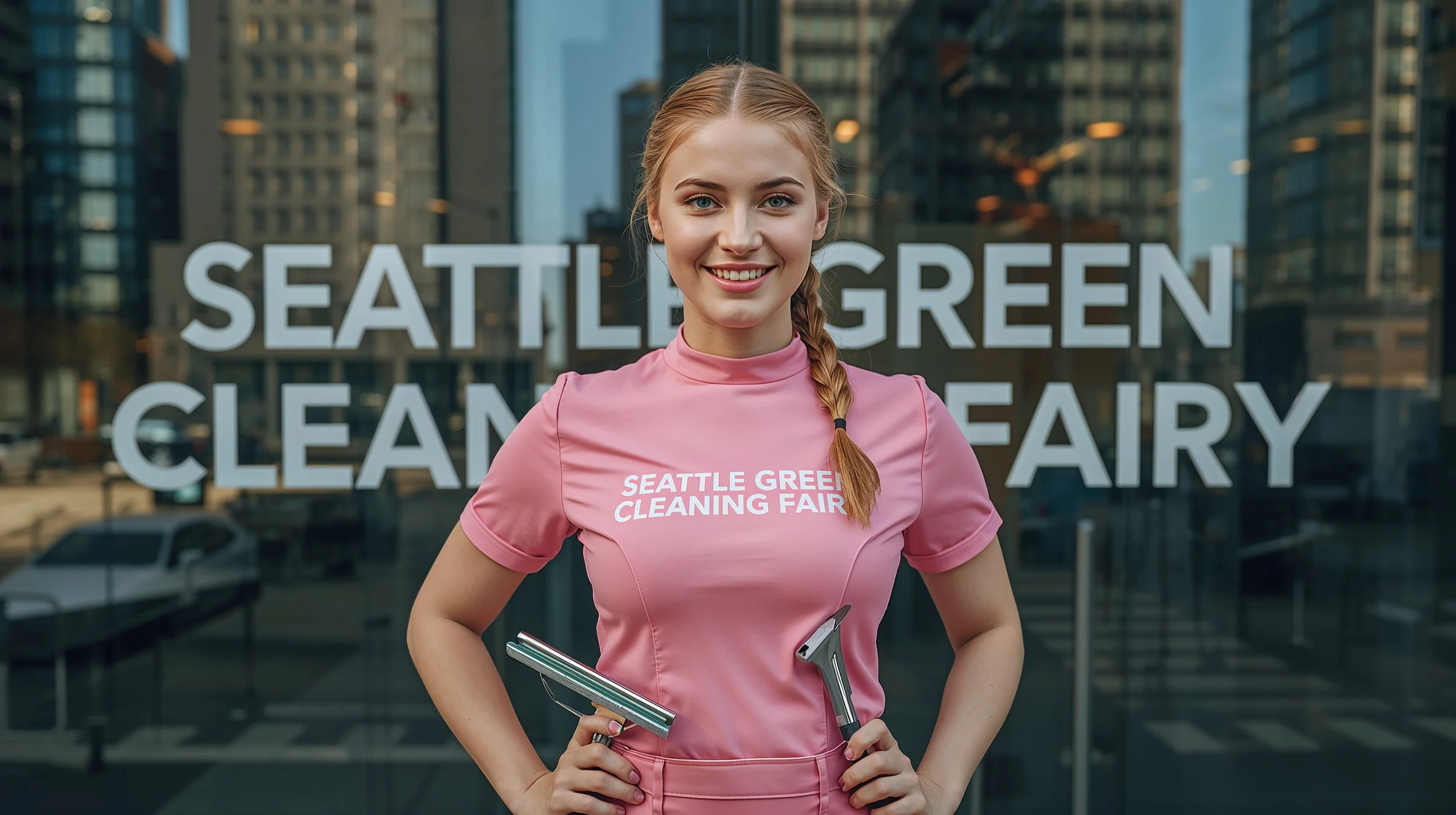 Professional window cleaner posing in front of sparkling Seattle office building glass