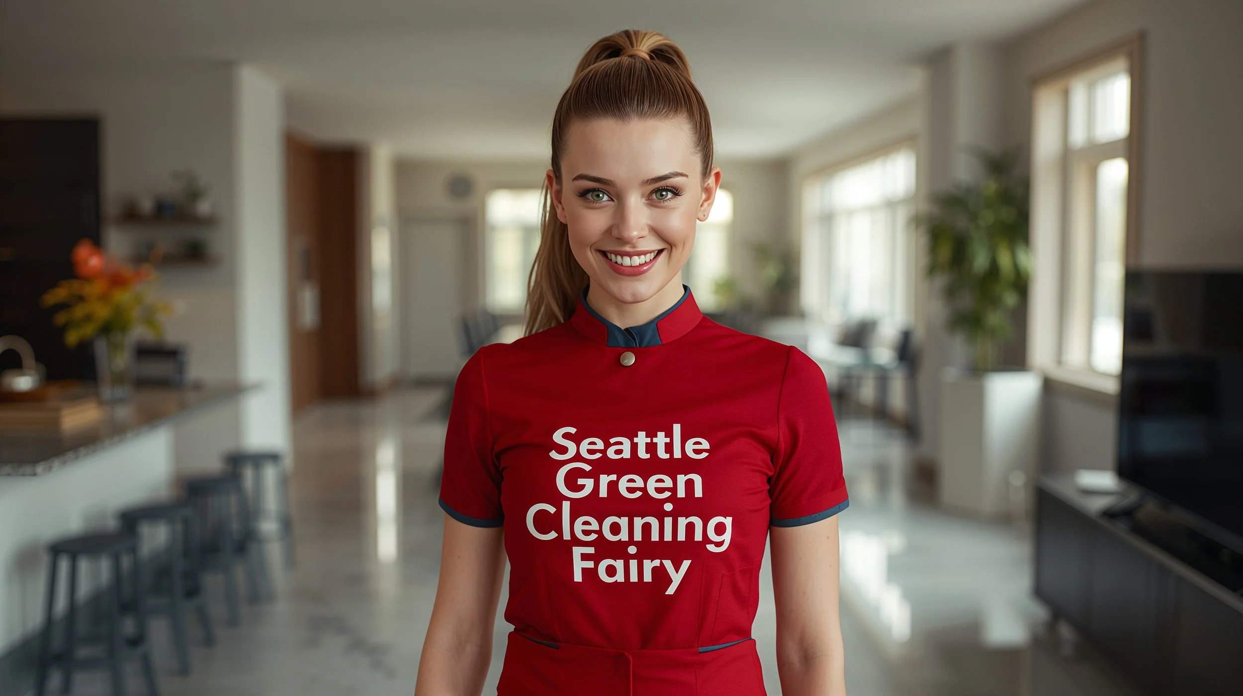 Professional domestic cleaner standing in spotless Seattle apartment