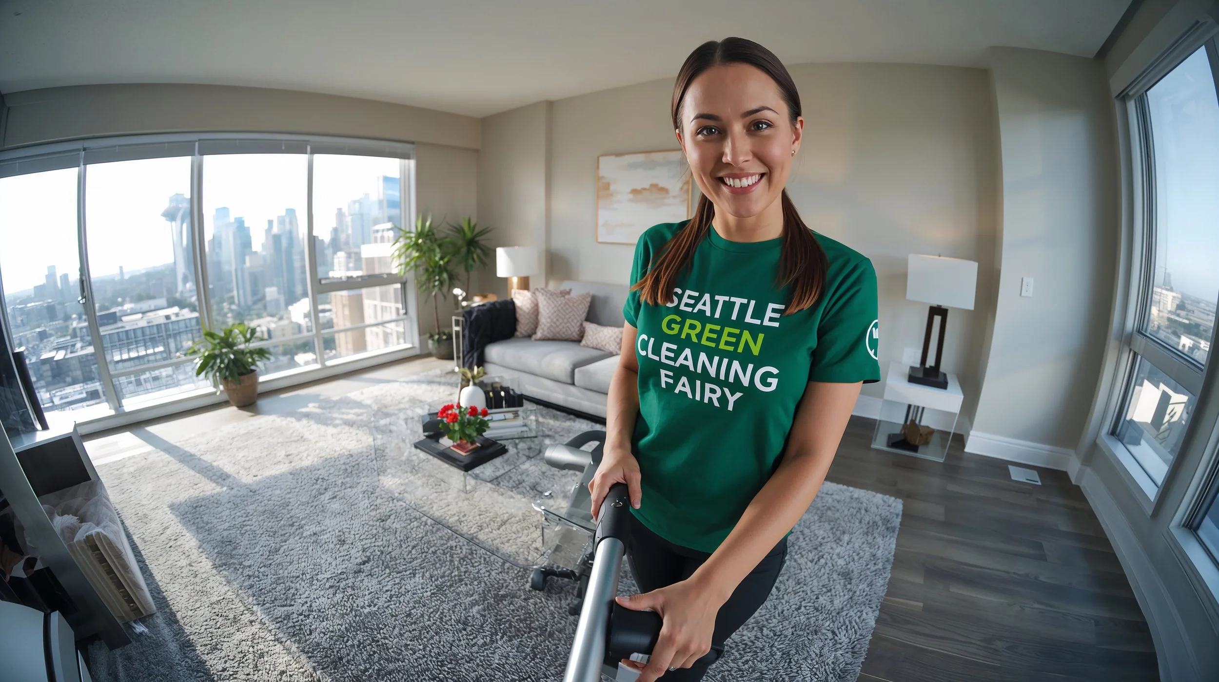 Brunette cleaner vacuuming carpet in modern Seattle condo prepared for new tenants.