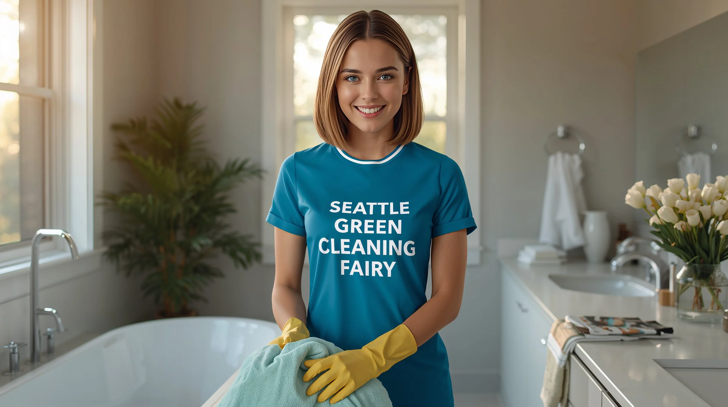 Happy Danish cleaner in figure-hugging blue Seattle Green Cleaning Fairy attire organizing clean bathroom in green Lake Forest Park setting