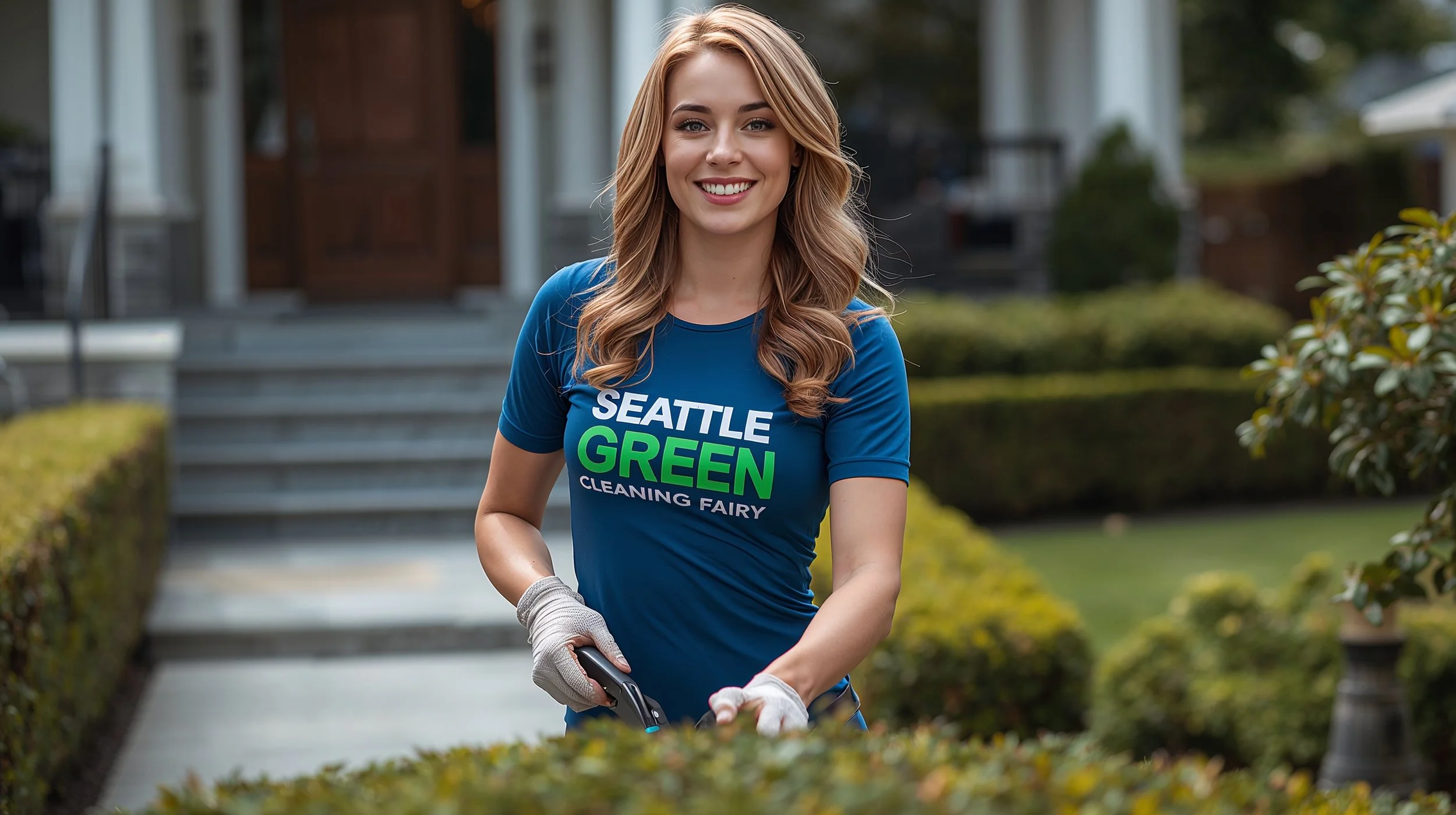Female yard cleaning professional trimming shrubs in a well-maintained Seattle front yard