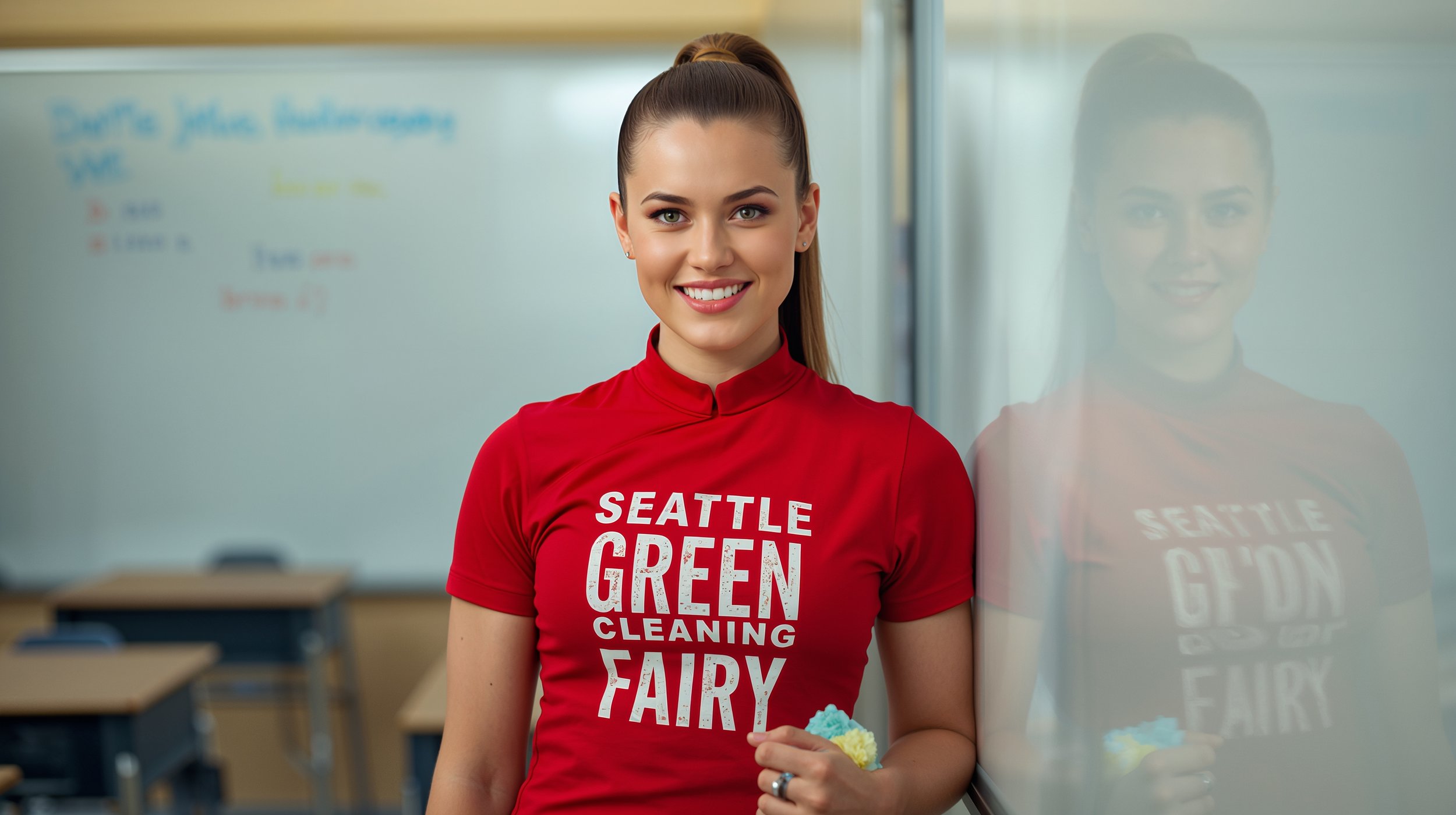 Confident professional cleaner in a freshly cleaned Seattle classroom
