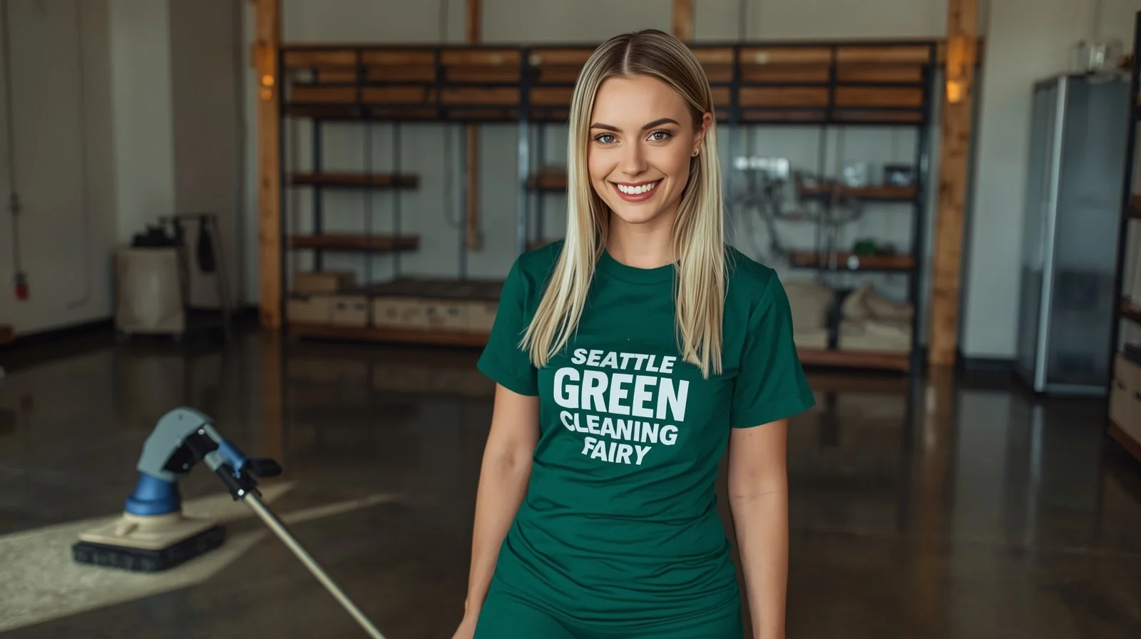Young female cleaner in green uniform standing in freshly cleaned Seattle garage with polished concrete floor.