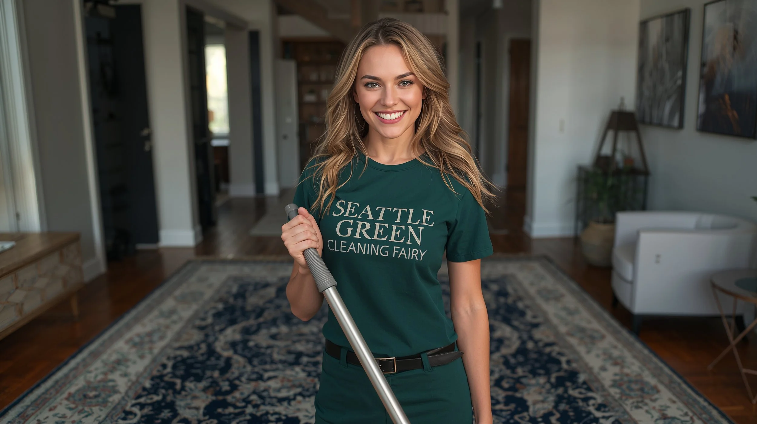 Female technician performing detailed area rug cleaning in a Seattle apartment
