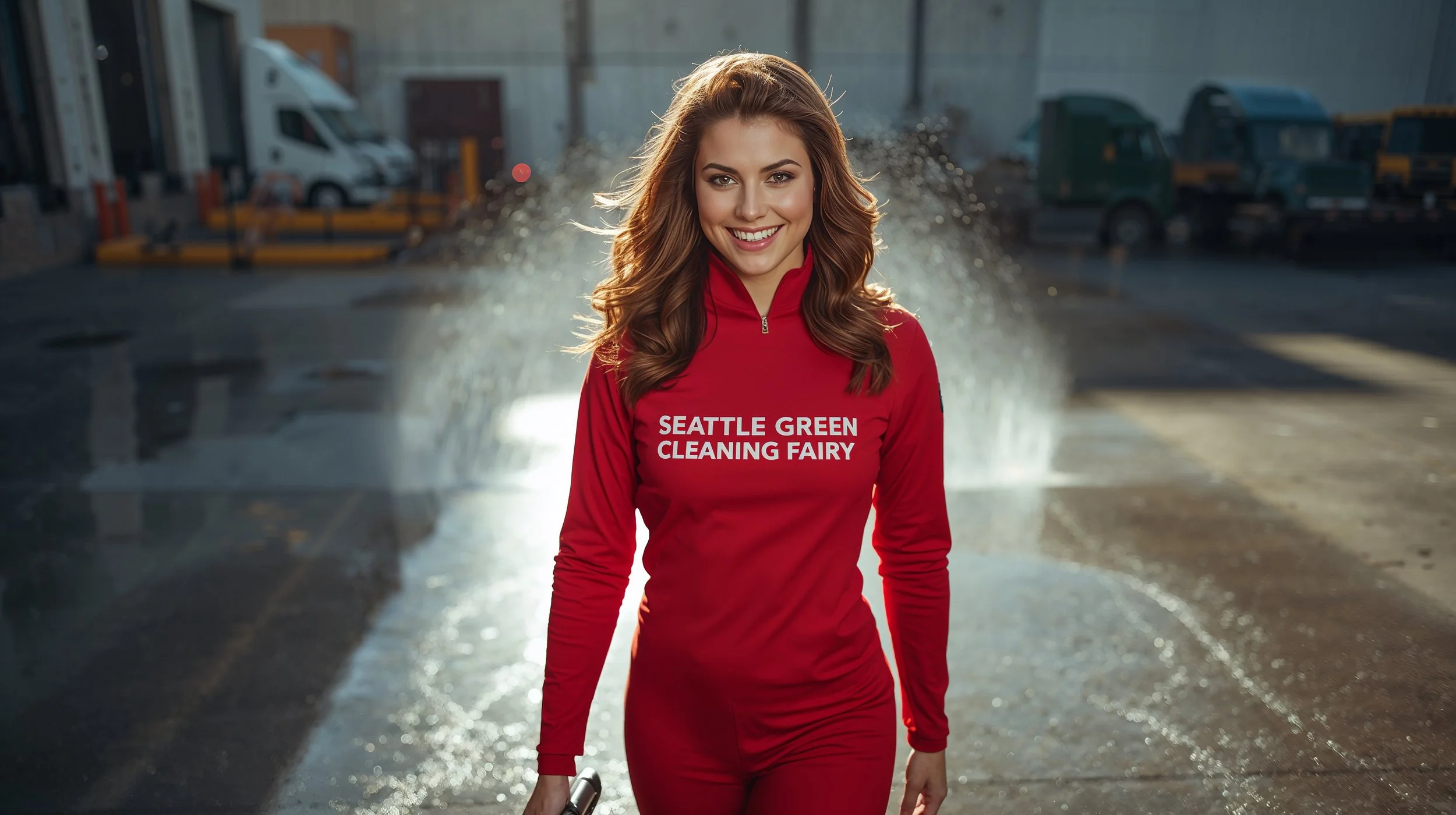 Female warehouse cleaner pressure washing loading dock area in Seattle wearing branded red uniform.