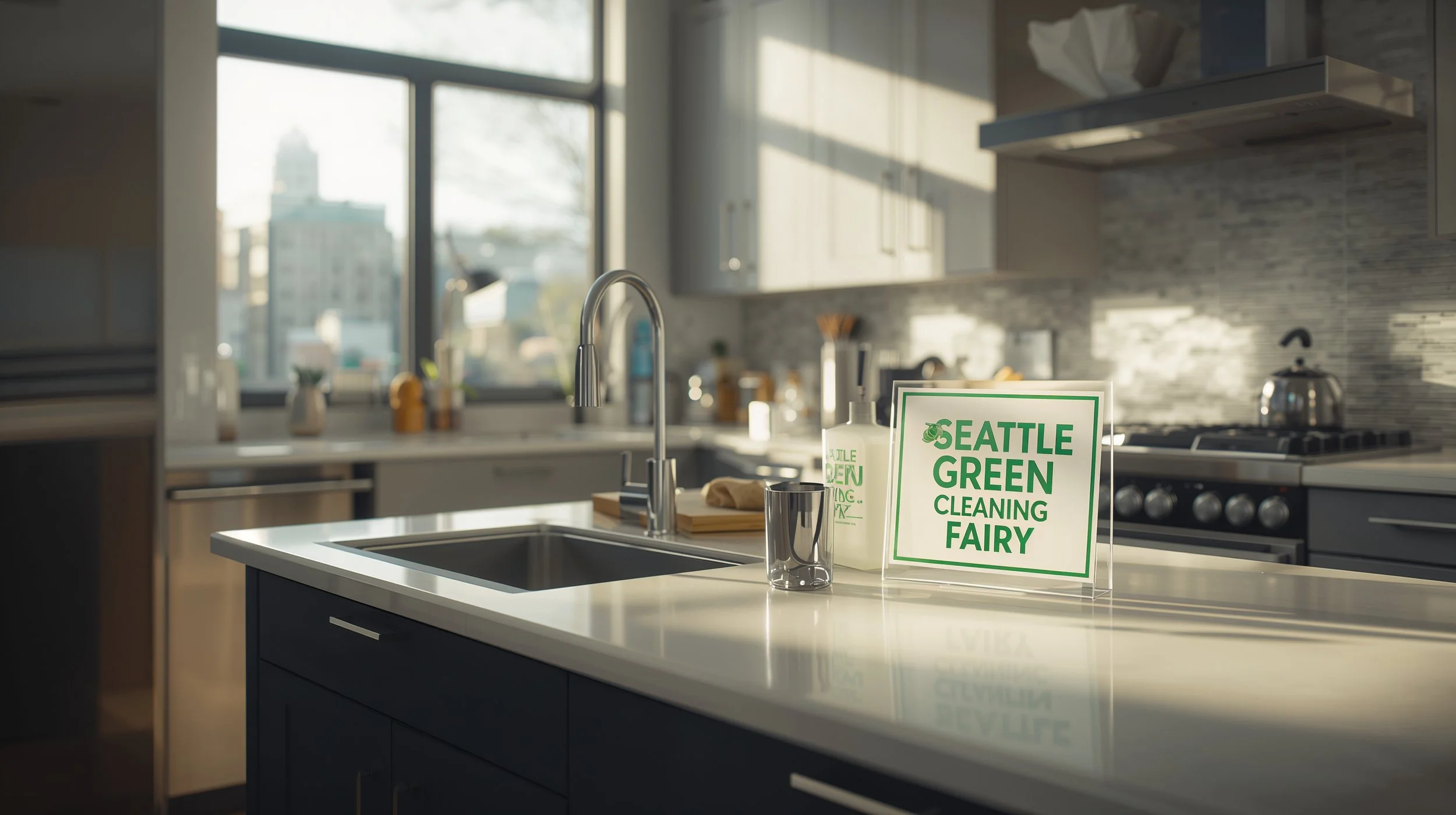 Immaculate kitchen featuring Seattle Green Cleaning Fairy sign in cleaned Capitol Hill WA home