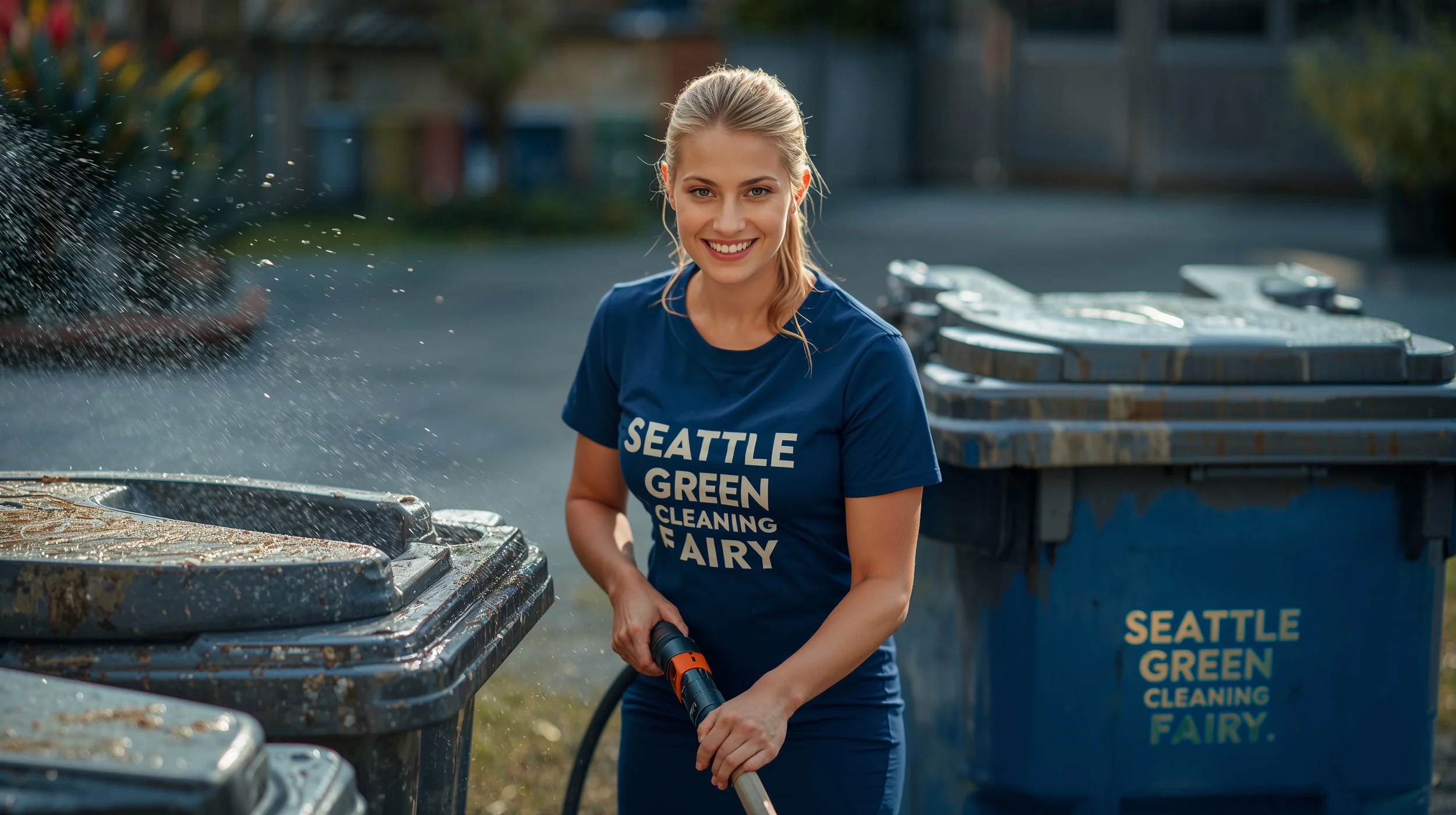 Young professional cleaner pressure washing residential garbage bins in Seattle driveway with spotless results visible.
