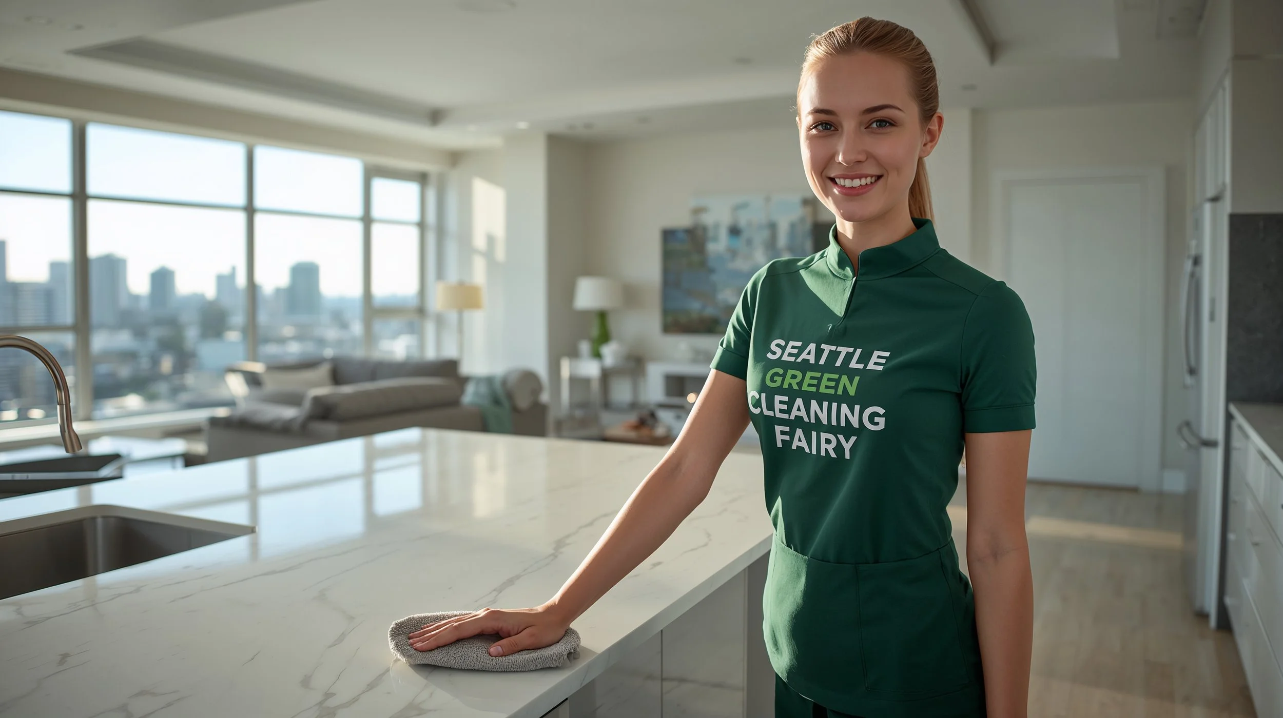 Professional cleaner polishing marble island in a newly built Bellevue luxury penthouse during post-construction cleaning service.