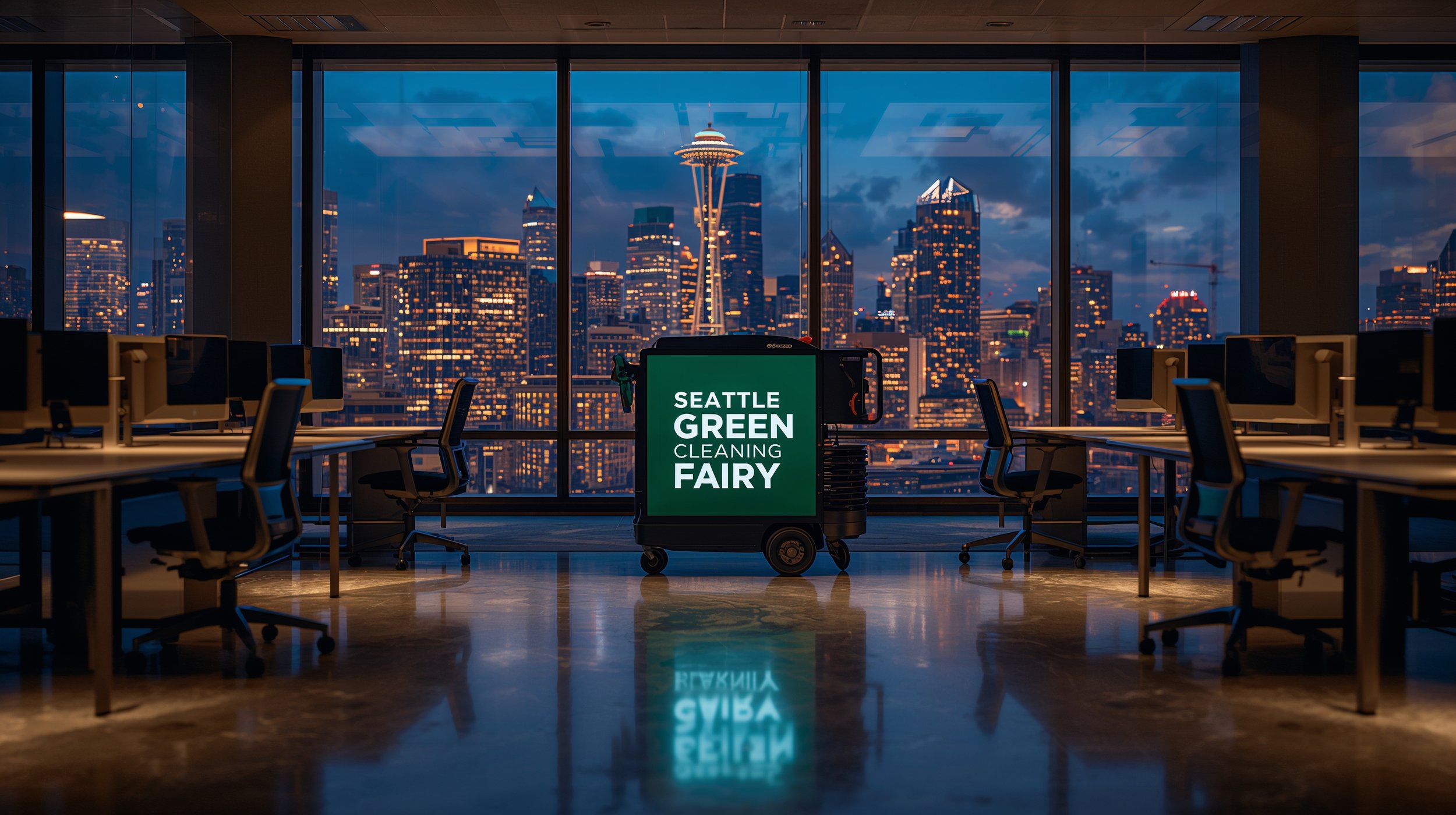 Spotless downtown Seattle office with visible professional cleaning equipment